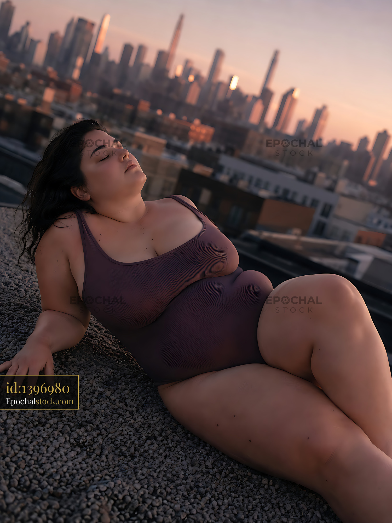 Watermarked full-resolution preview of Model relaxing on rooftop at sunset with city skyline behind