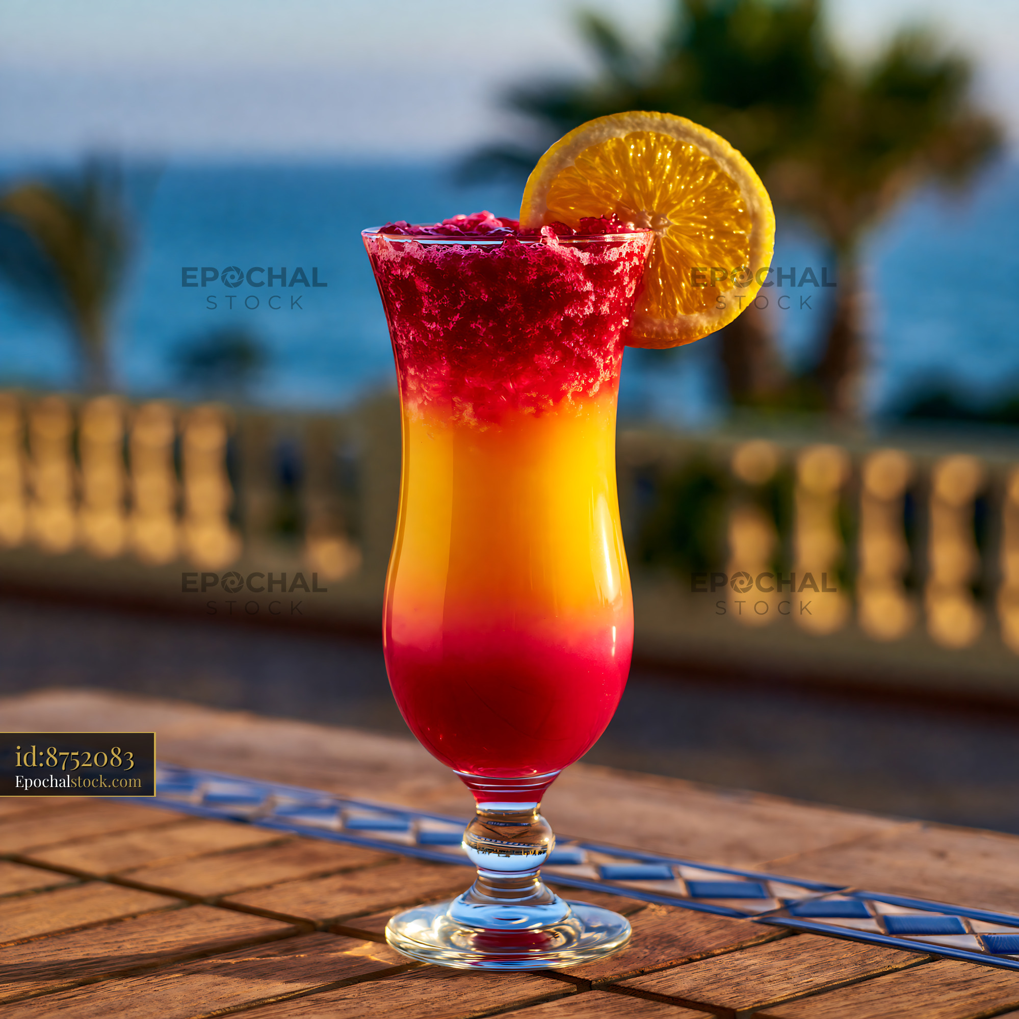 Watermarked full-resolution preview of Layered red and orange fruit drink with lemon garnish