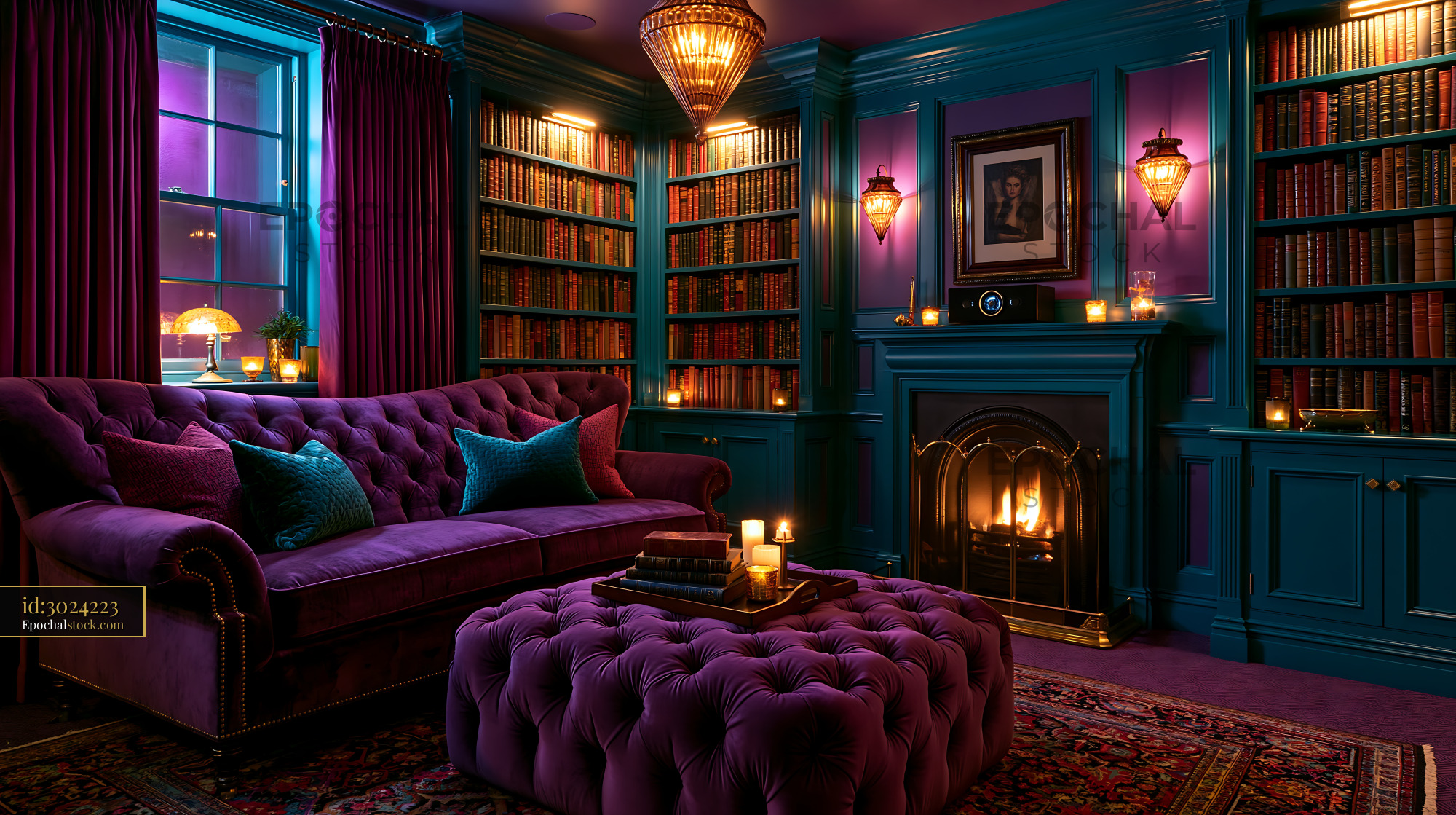 Watermarked full-resolution preview of Elegant home library lounge with glowing fireplace
