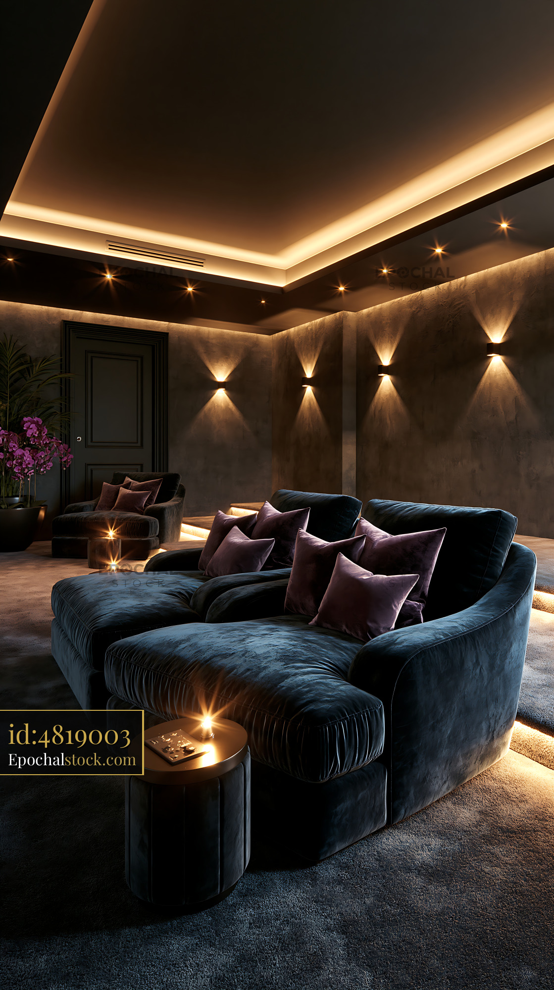 Watermarked full-resolution preview of Modern lounge area with soft lighting in a stylish interior
