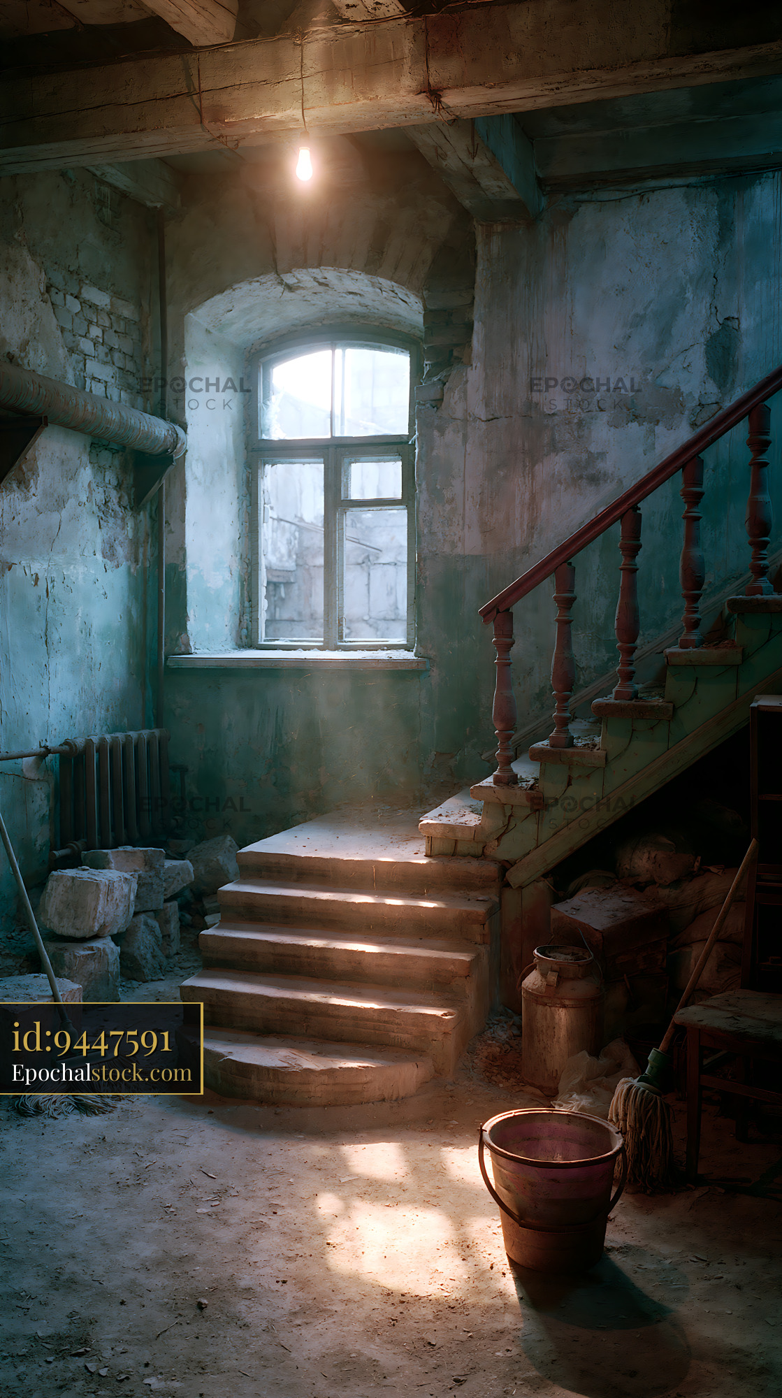 Watermarked full-resolution preview of Old staircase in a dimly lit abandoned building