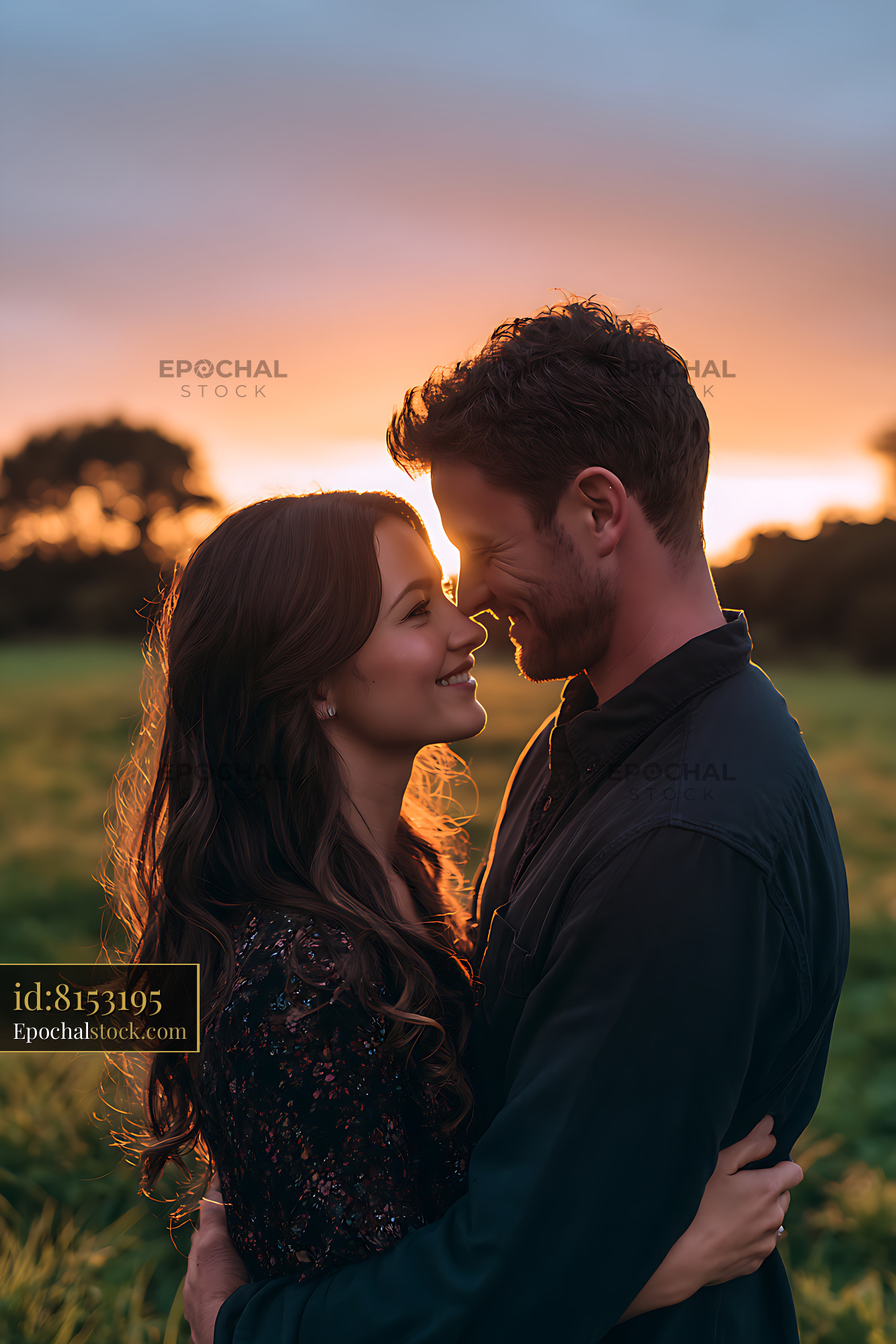 Watermarked full-resolution preview of Romantic couple sharing an embrace outdoors at sunset