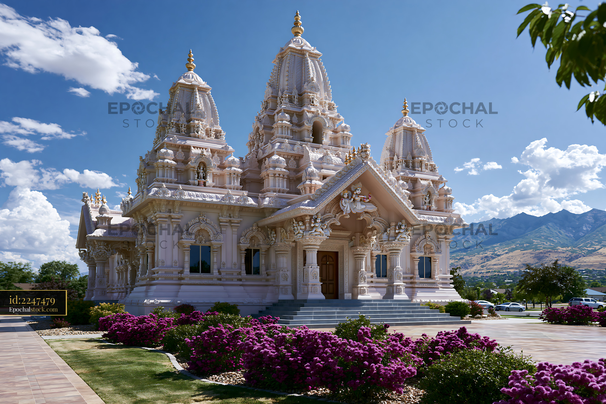 Watermarked full-resolution preview of Hindu temple with intricate architecture and bright flowers in garden