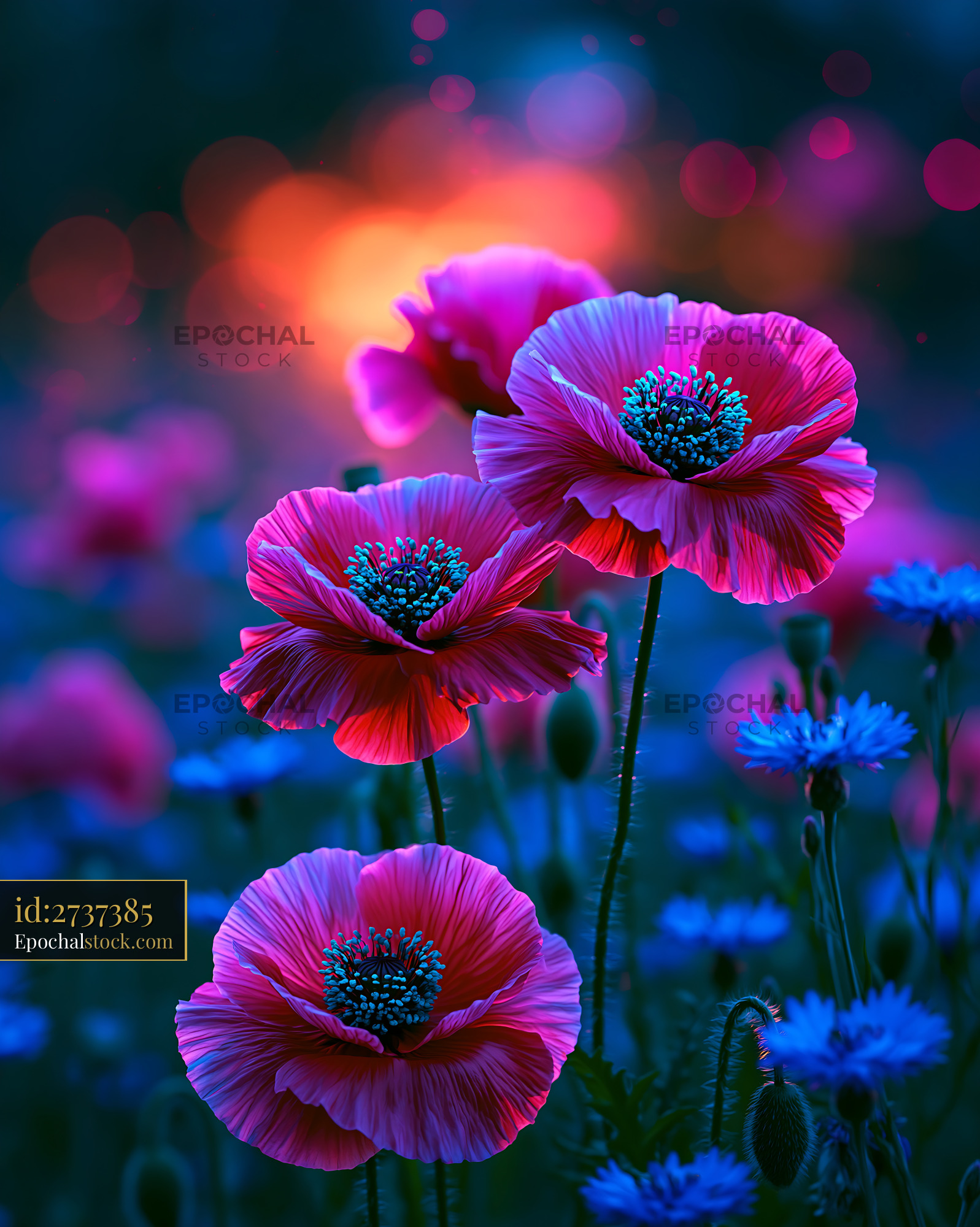 Watermarked full-resolution preview of Colorful poppy flowers in a garden at sunset