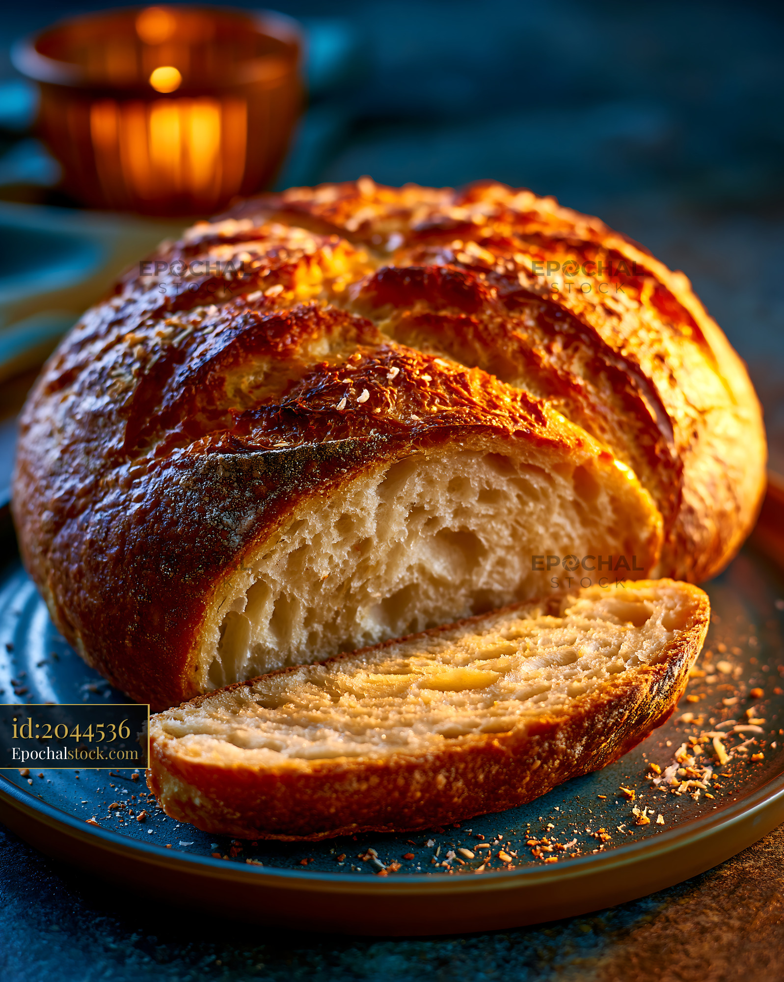 Watermarked full-resolution preview of Fresh rustic loaf with a slice served on a plate