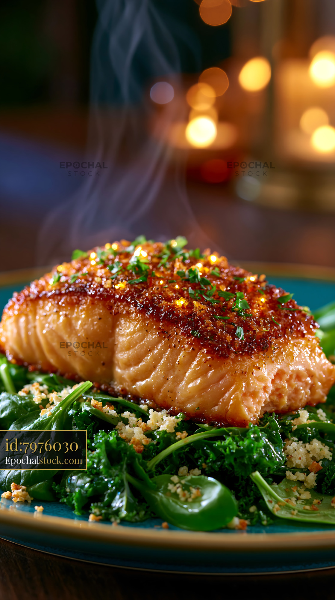 Watermarked full-resolution preview of Grilled salmon on a bed of greens with a warm glow