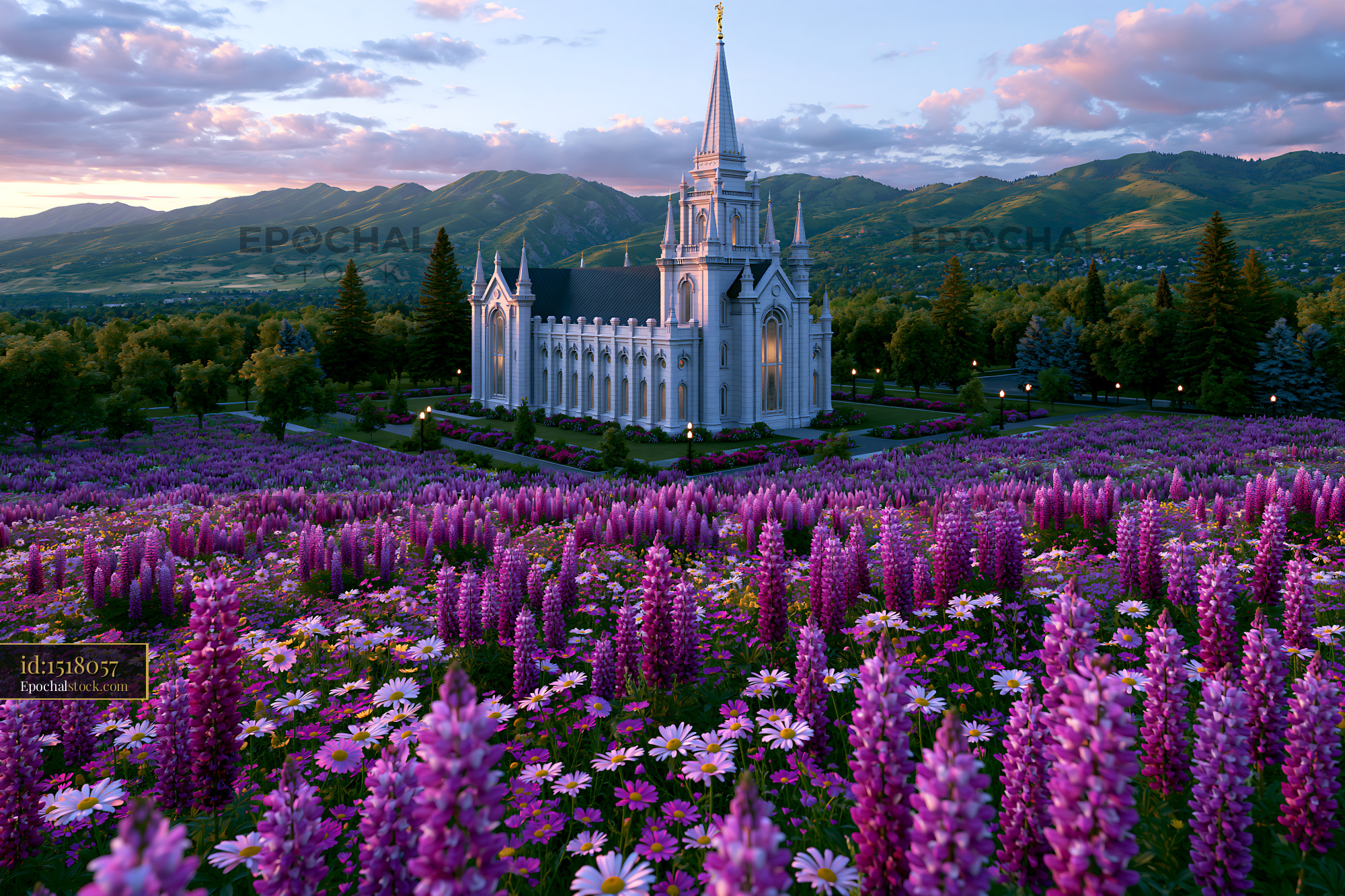 Watermarked full-resolution preview of Spired white temple in a colorful mountain flower garden
