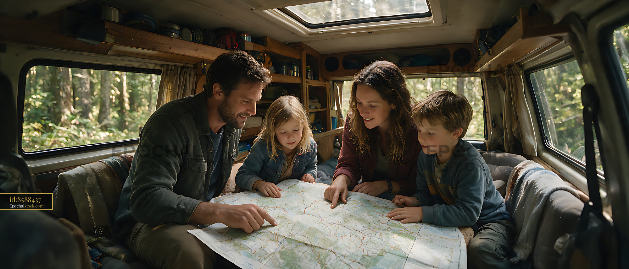 Watermarked full-resolution preview of Family studying a map in a camper van
