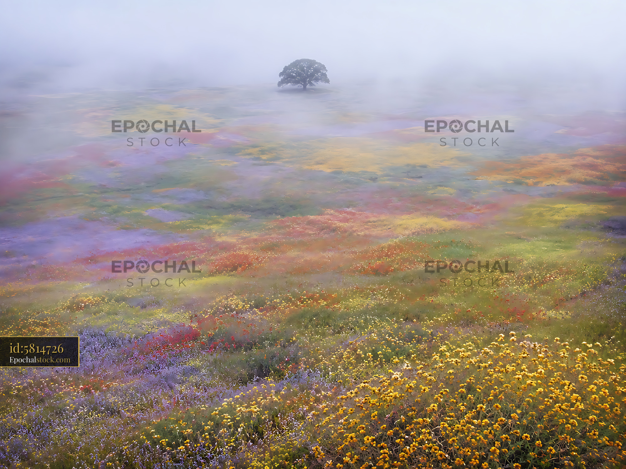 Watermarked full-resolution preview of Vast field of colorful wildflowers with a lone tree