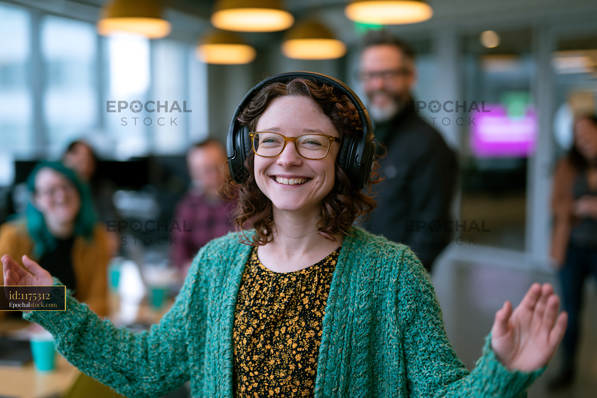 Watermarked full-resolution preview of Happy woman with headphones and glasses indoors