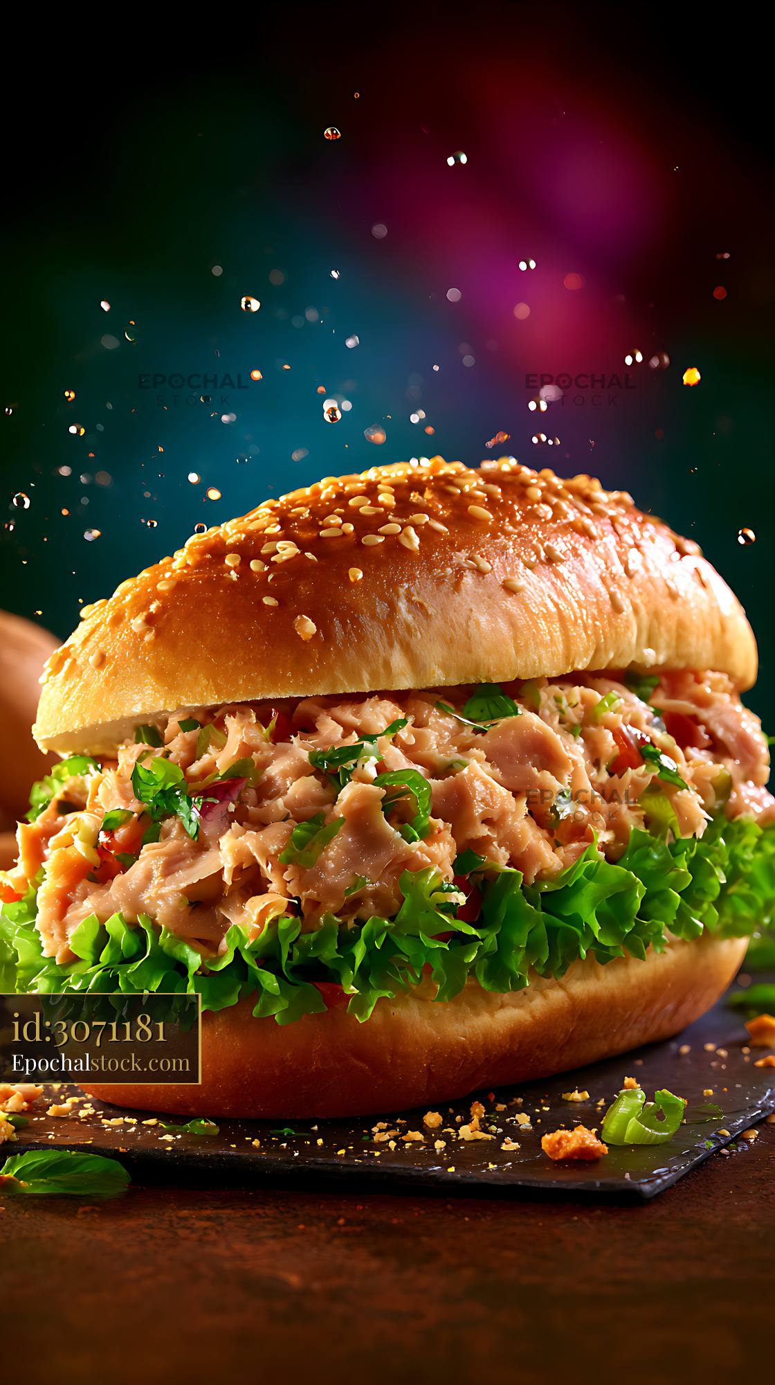 Watermarked full-resolution preview of Tuna sandwich with fresh lettuce and sesame bun