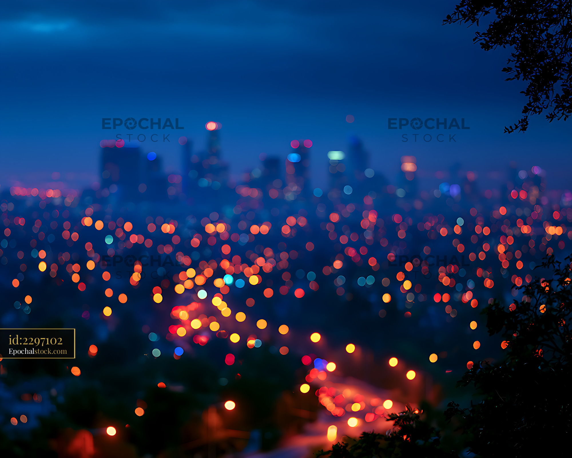 Watermarked full-resolution preview of Colorful blurred city lights at twilight