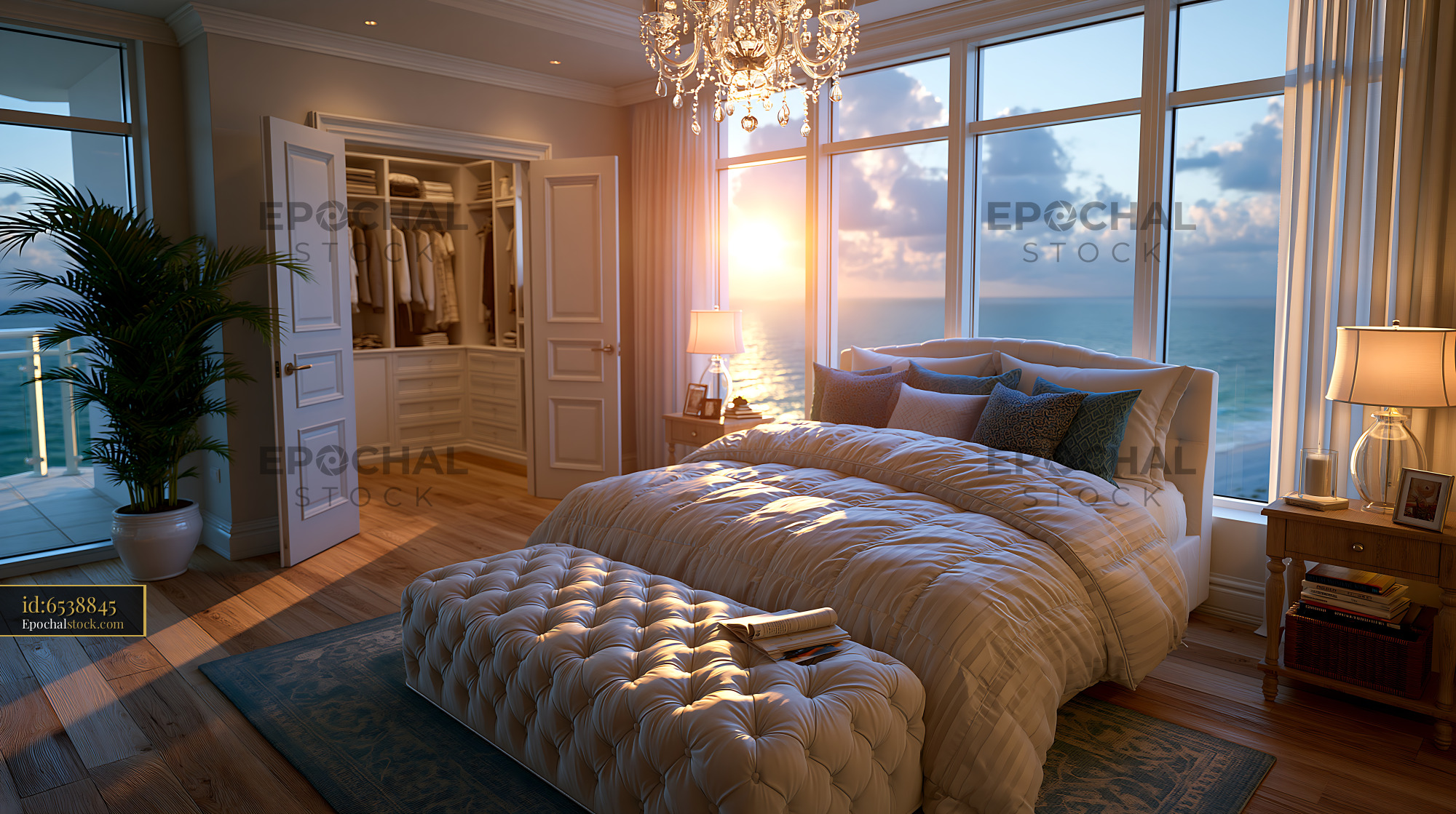 Coastal Luxury Bedroom With Ocean View at Sunset - stock photo