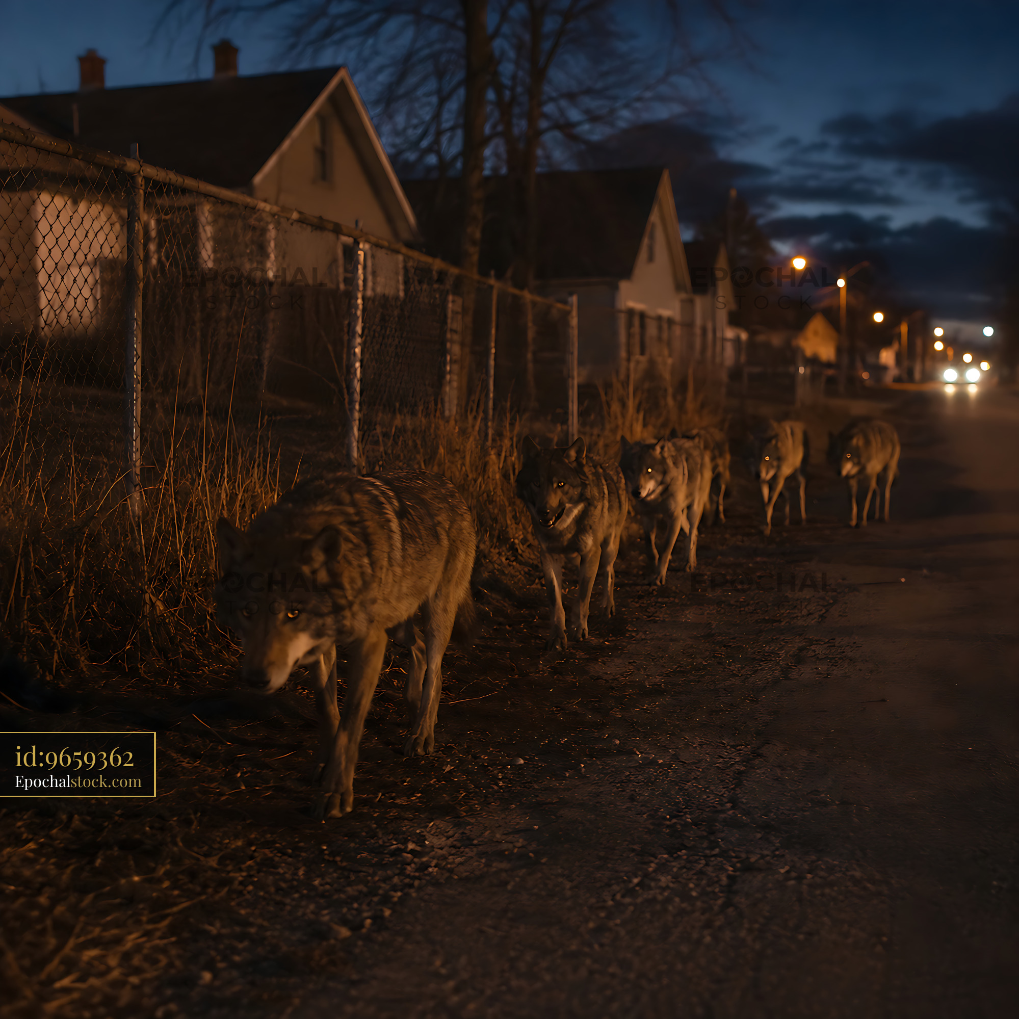 Watermarked full-resolution preview of Wolves walking along a residential street at dusk