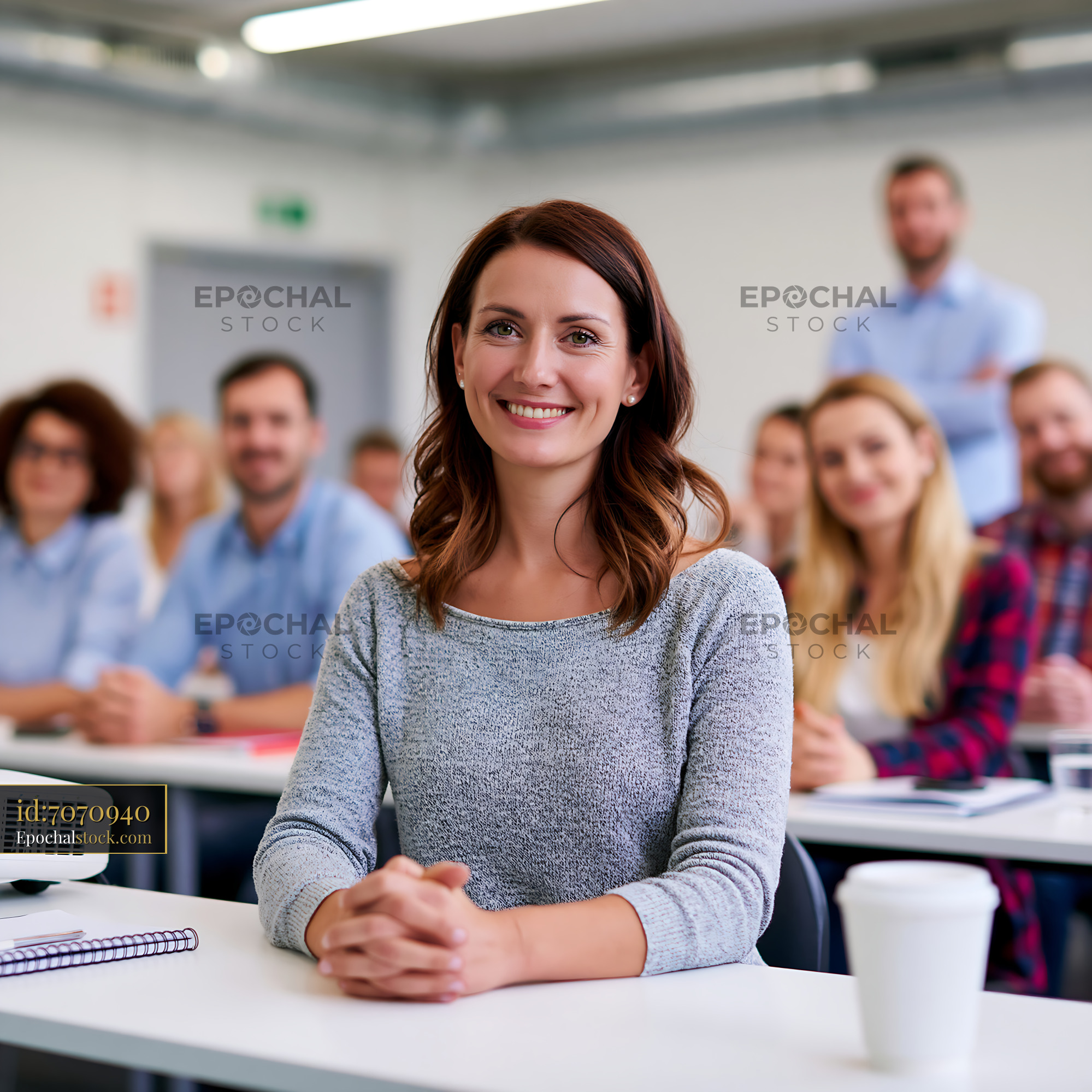 Watermarked full-resolution preview of Woman smiling in front of a group during a presentation in a classroom