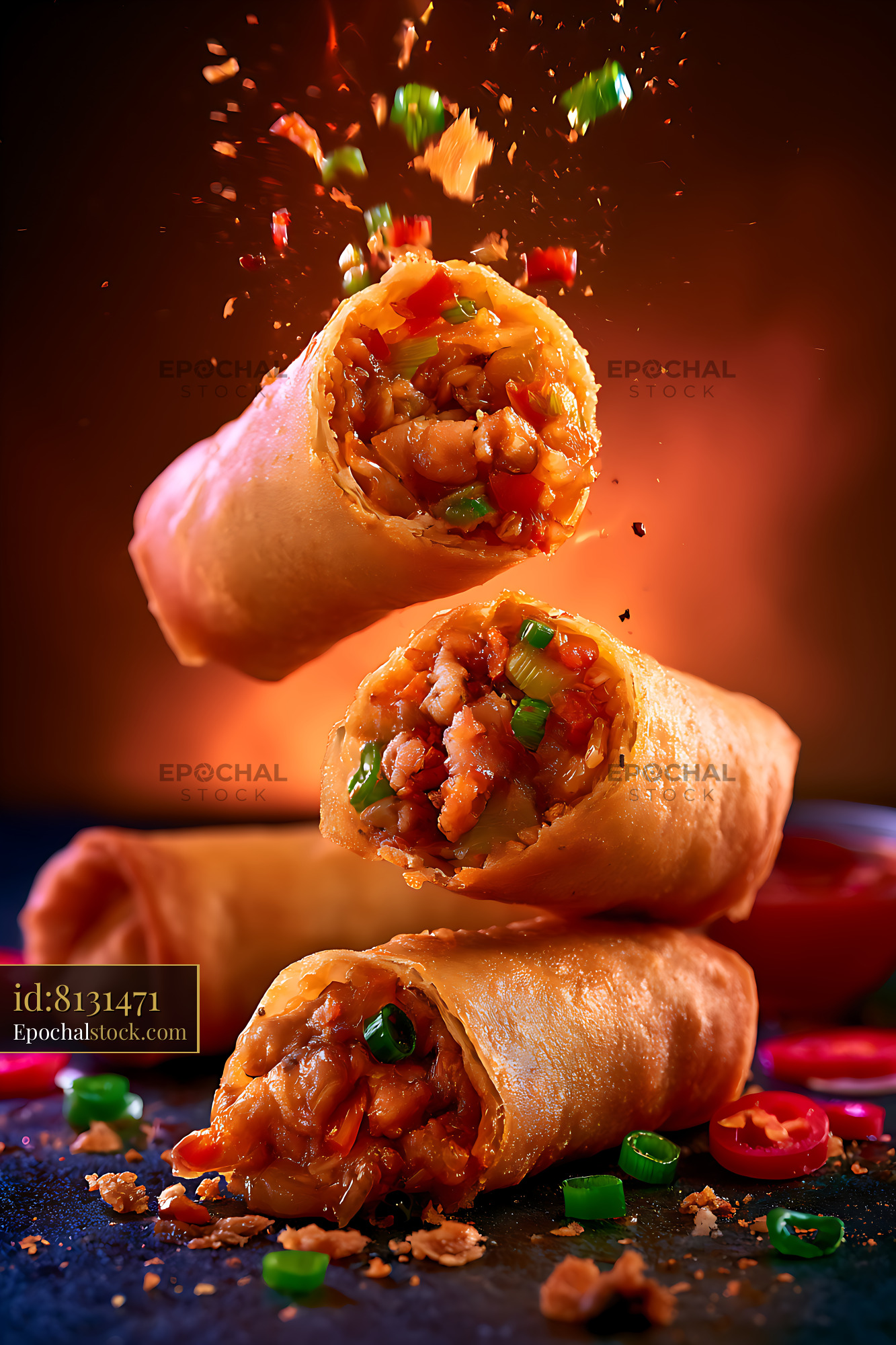 Watermarked full-resolution preview of Filled wraps with vegetables and scattered ingredients
