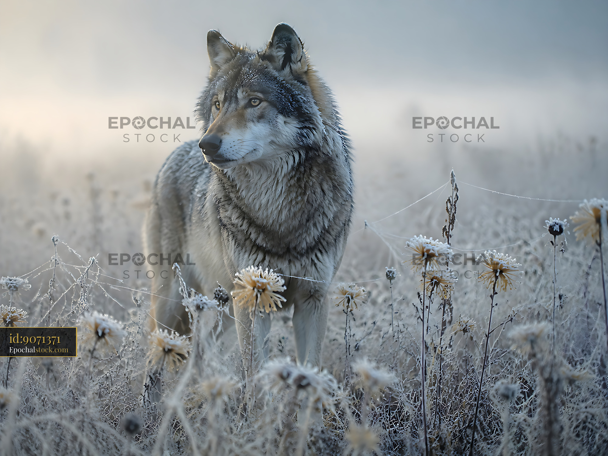 Wolf Standing in a Frosty Field With Flowers and Mist Rising - stock photo