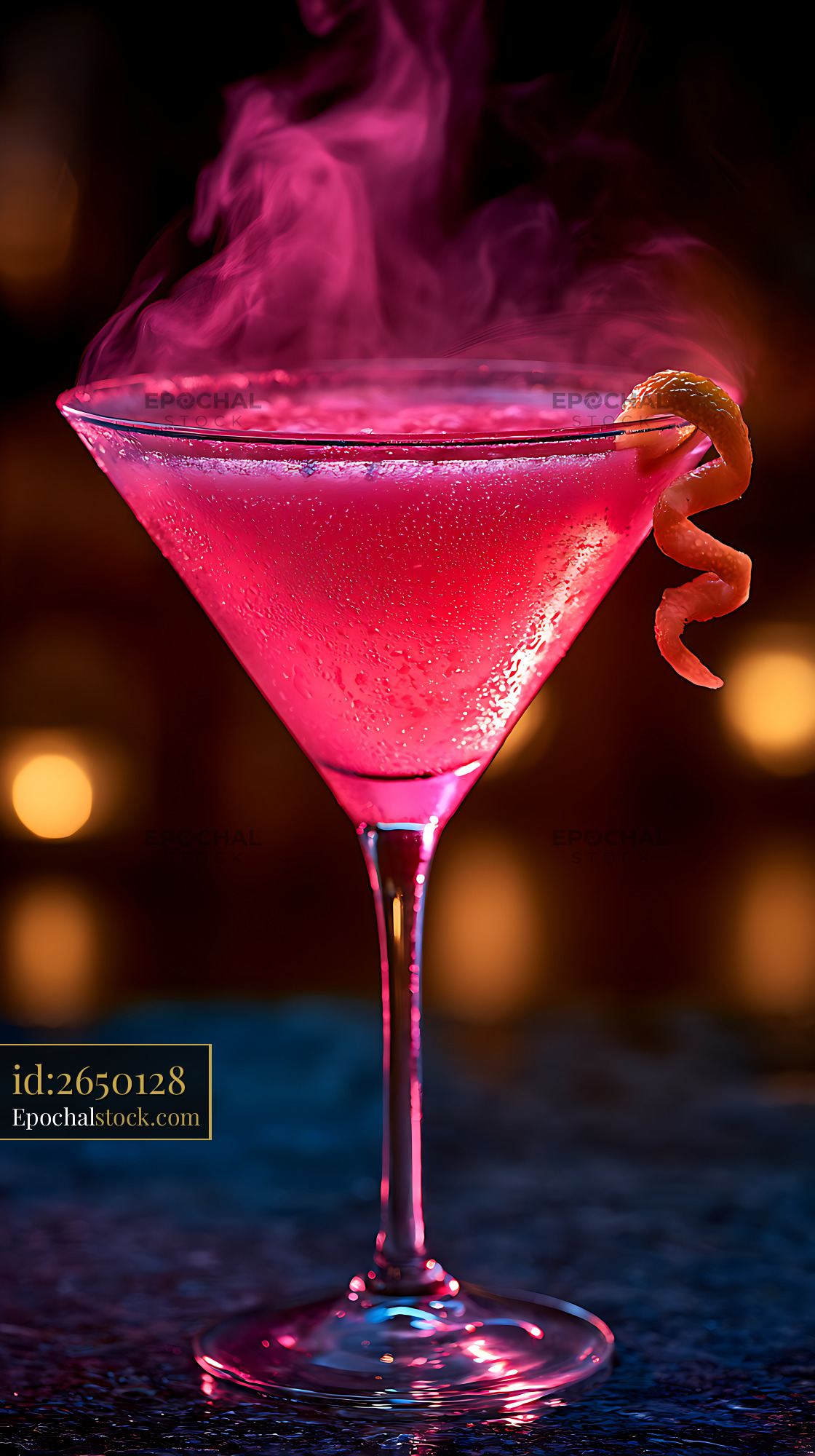 Watermarked full-resolution preview of Vibrant pink cocktail with citrus peel and swirling smoke