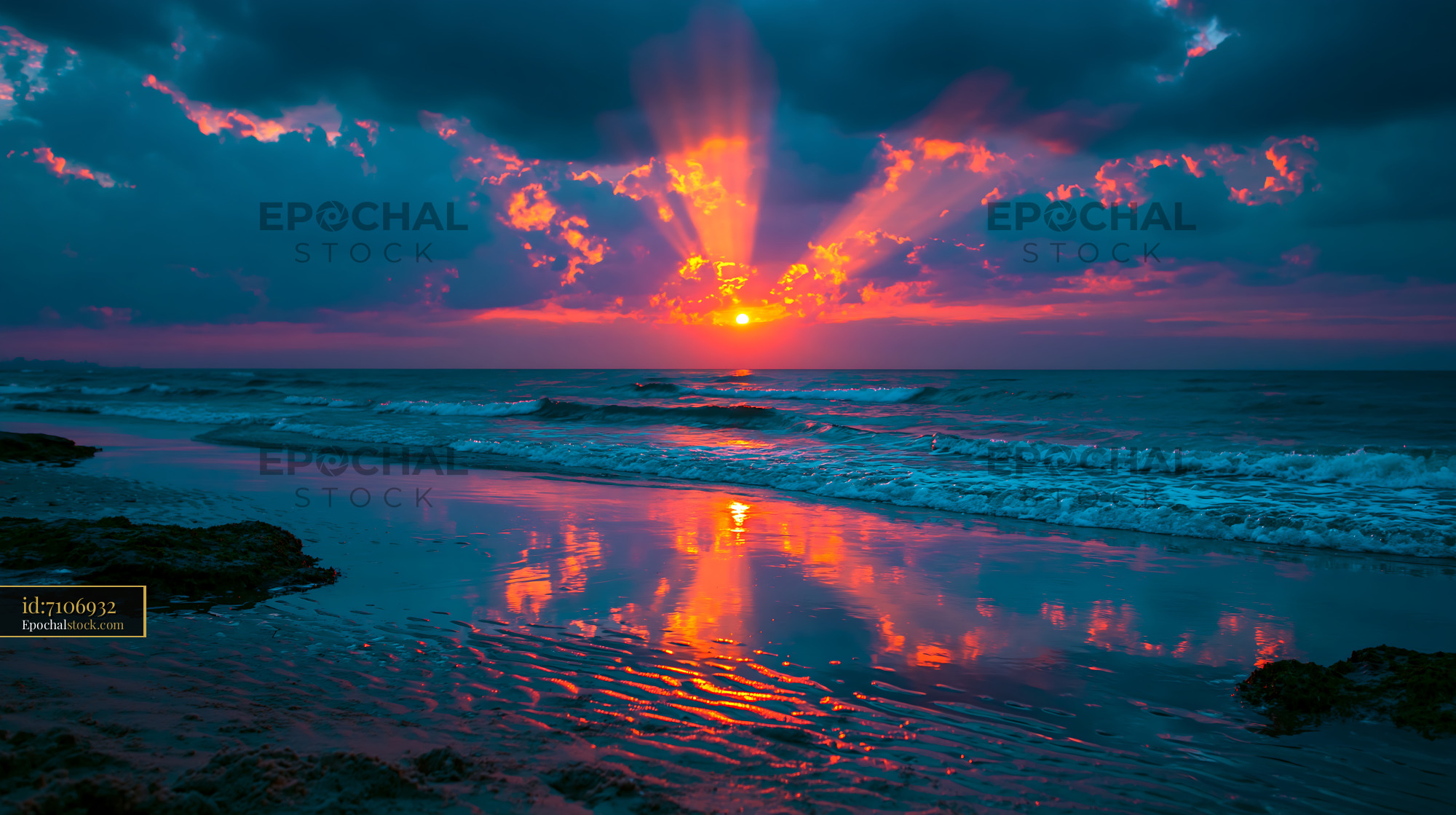 Watermarked full-resolution preview of Sunset over the ocean with colorful clouds and reflections on water