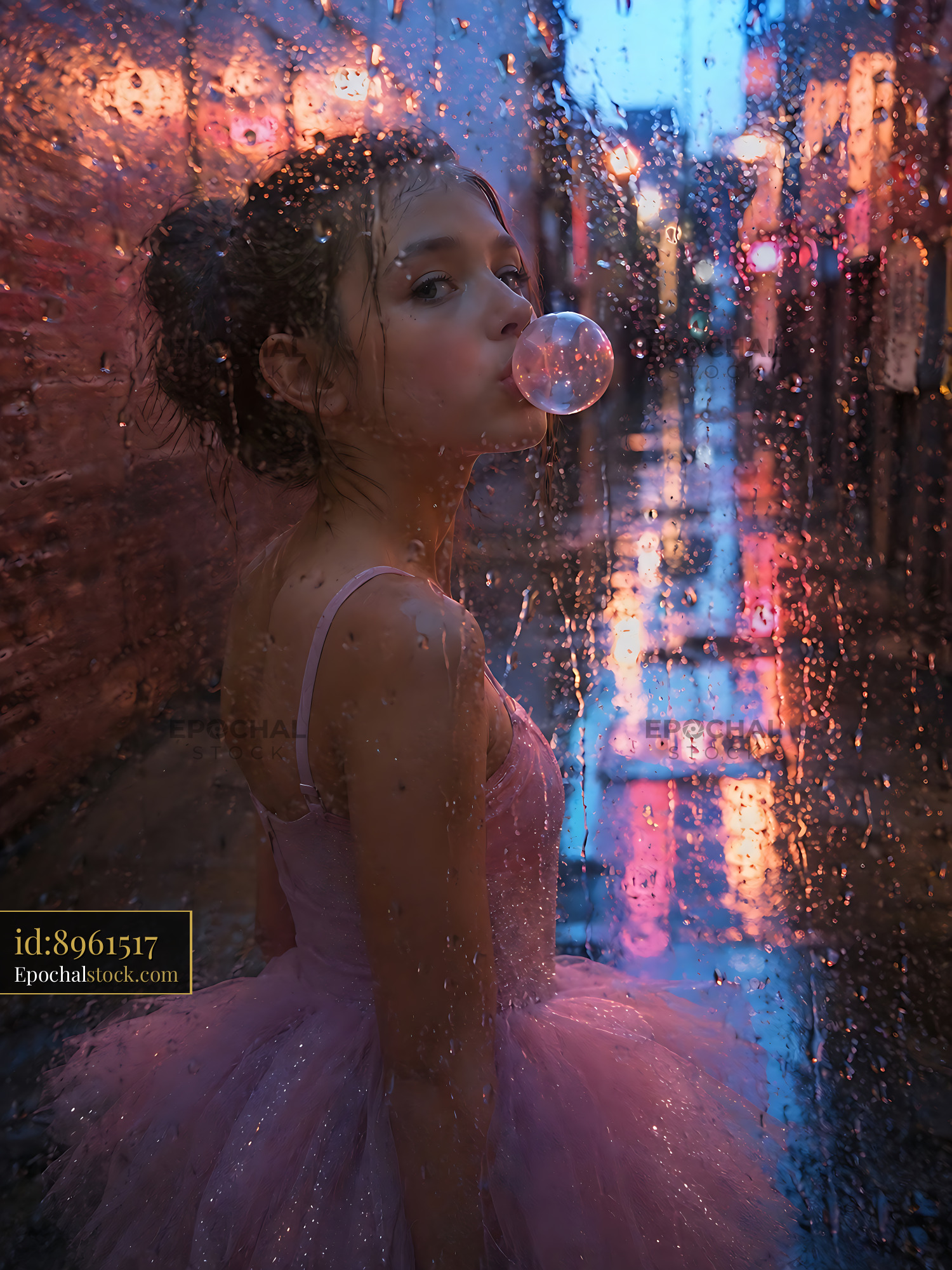 Watermarked full-resolution preview of Girl blowing bubble gum behind a rainy window