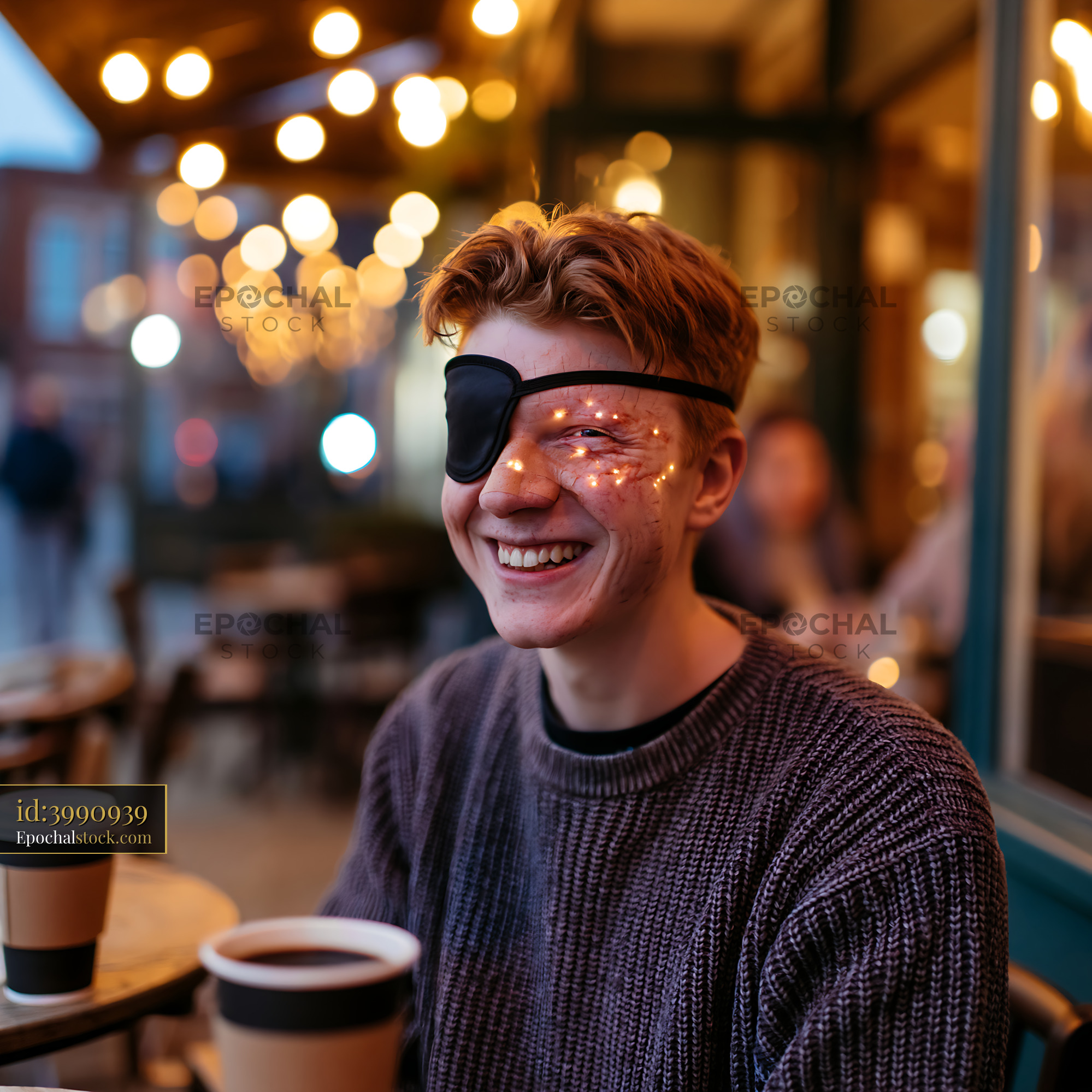 Watermarked full-resolution preview of Young man smiling with eyepatch in outdoor cafe setting at night