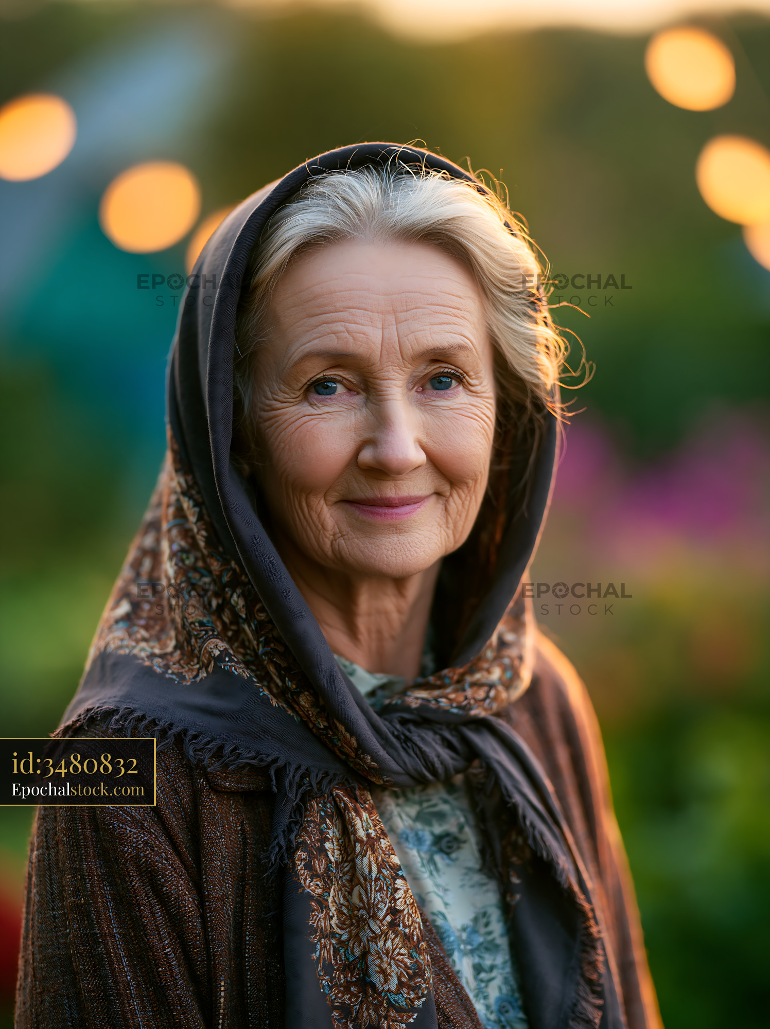 Watermarked full-resolution preview of Elderly woman smiling in a garden with warm lights around her