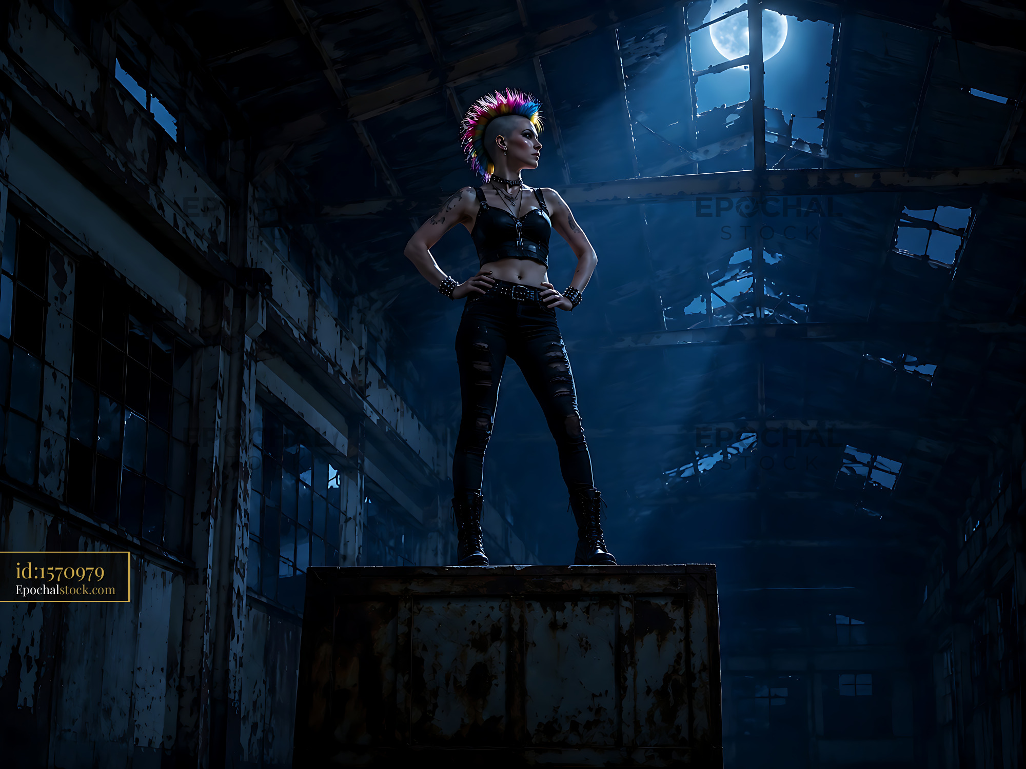 Watermarked full-resolution preview of Punk woman stands confidently in abandoned factory at night