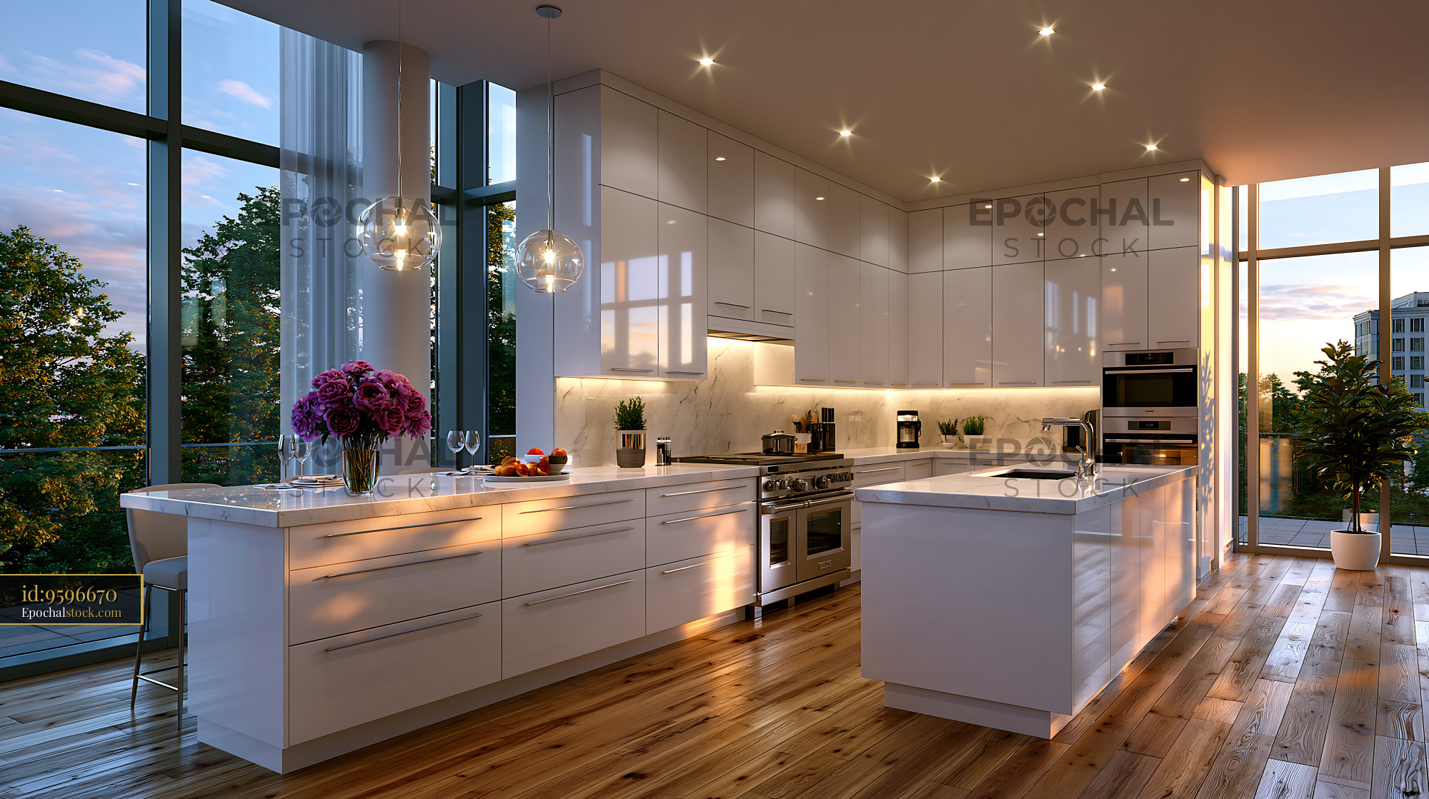 Watermarked full-resolution preview of Modern kitchen interior with large windows and sunset light