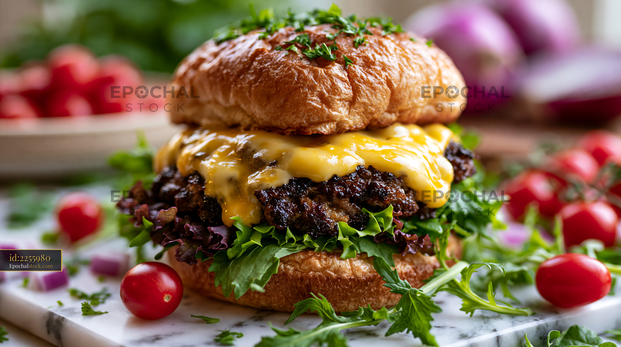 Watermarked full-resolution preview of Close-up gourmet cheeseburger with melted cheese and greens