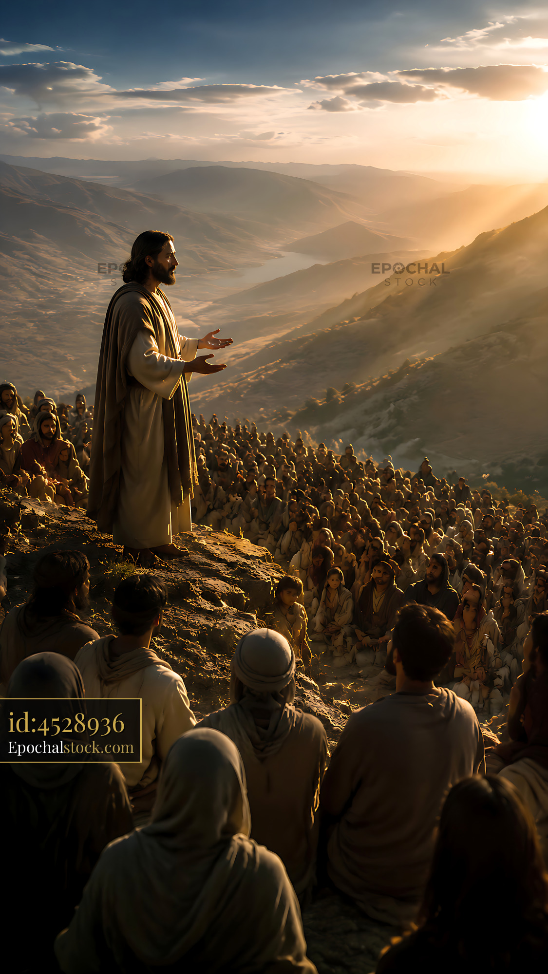 Watermarked full-resolution preview of Jesus teaching a large crowd on a hillside at sunset