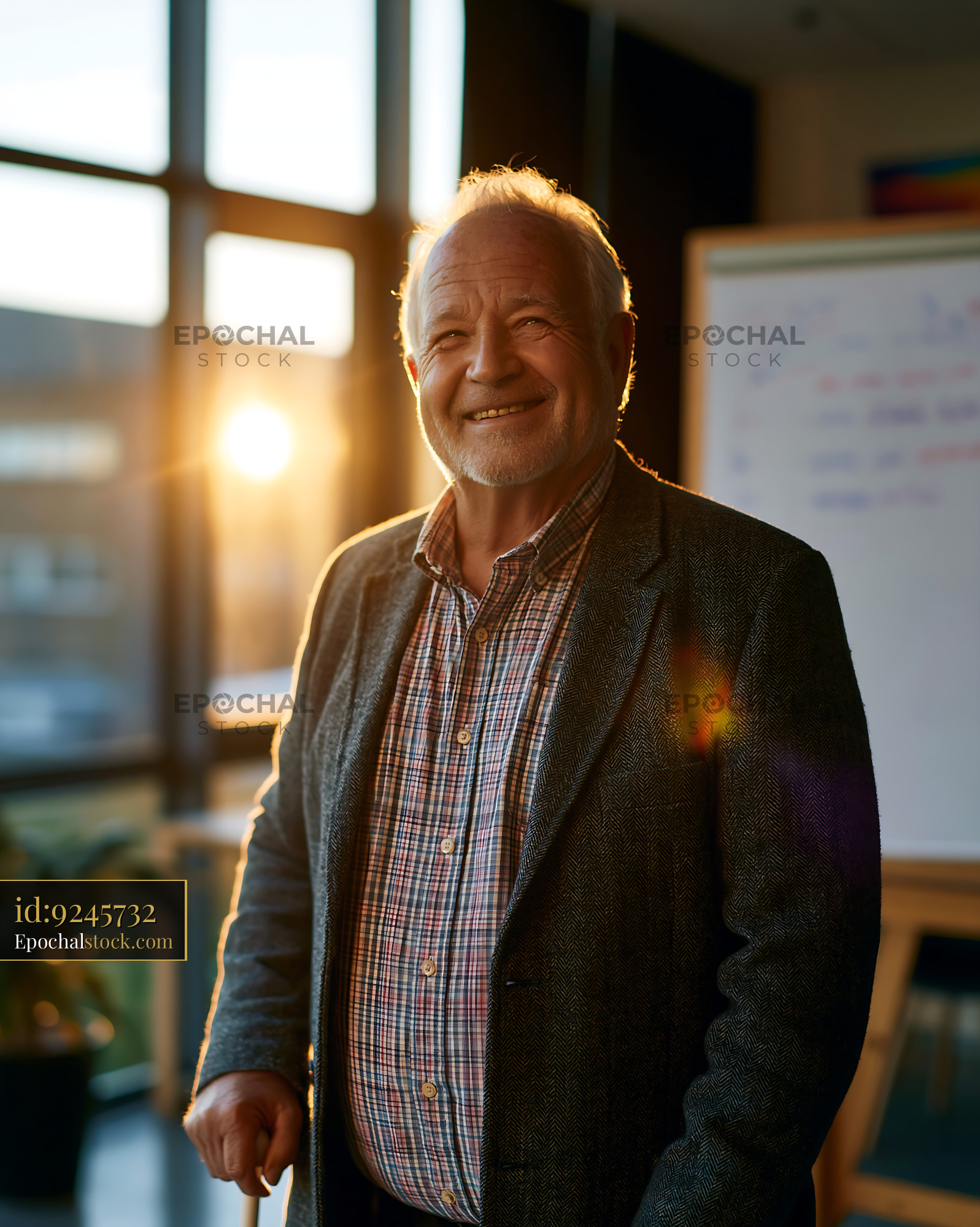 Watermarked full-resolution preview of Warmly lit portrait of a smiling older man in an office