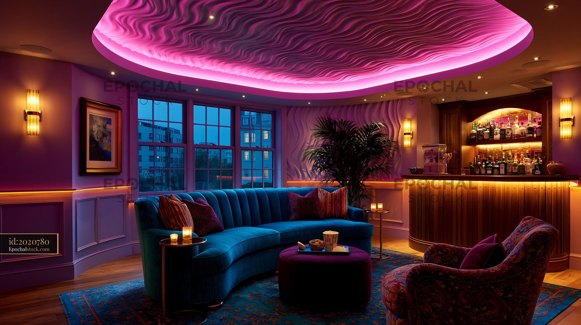 Watermarked full-resolution preview of Vibrant lounge with bar, blue sofa, and pink ceiling light
