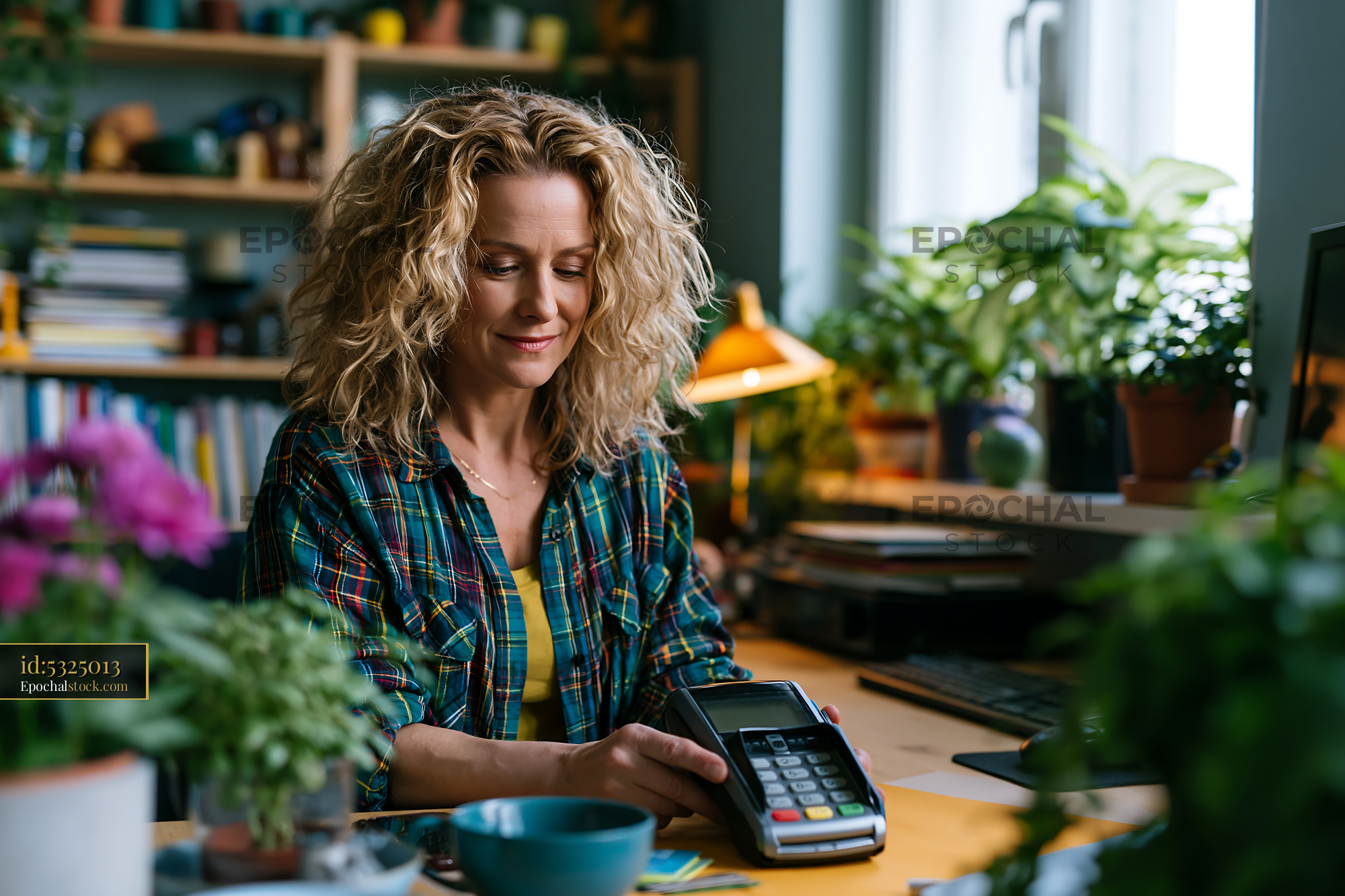 Watermarked full-resolution preview of Woman using payment terminal in a cozy home office