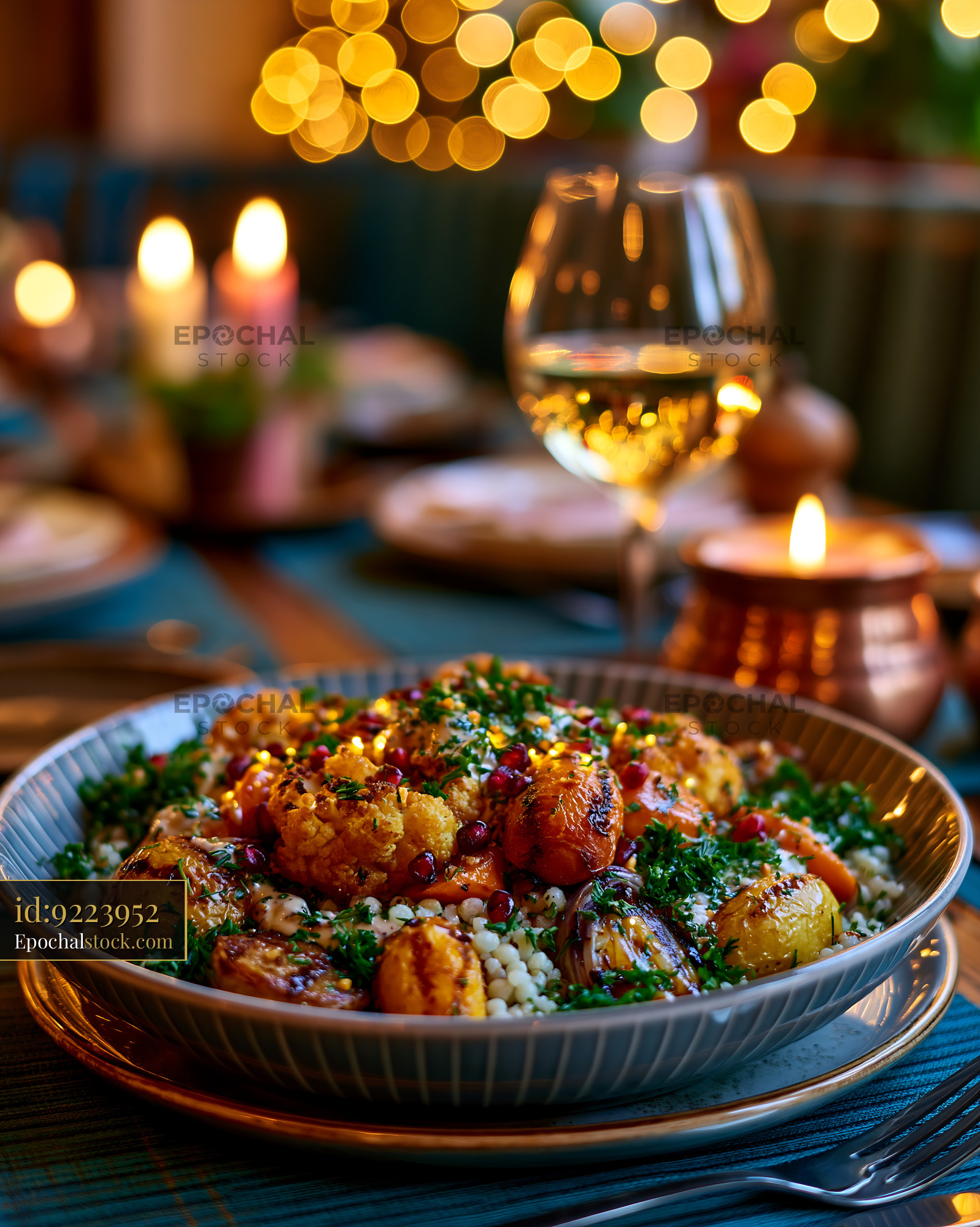 Watermarked full-resolution preview of Colorful roasted vegetable bowl on a warmly lit table