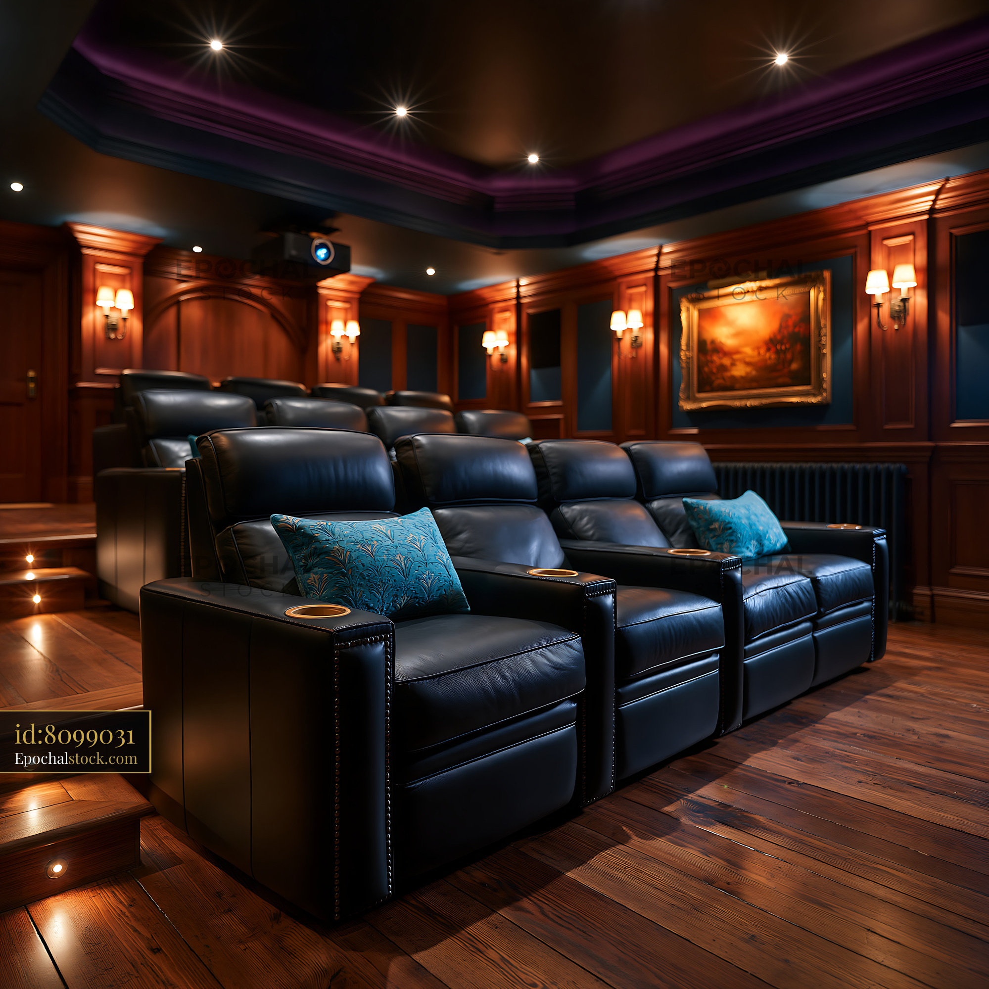 Watermarked full-resolution preview of Home theater with leather seating and wooden decor