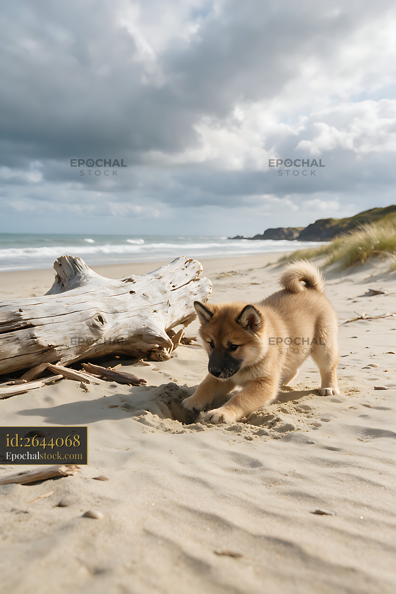 Watermarked full-resolution preview of Playful Puppy Digging in Beach Sand