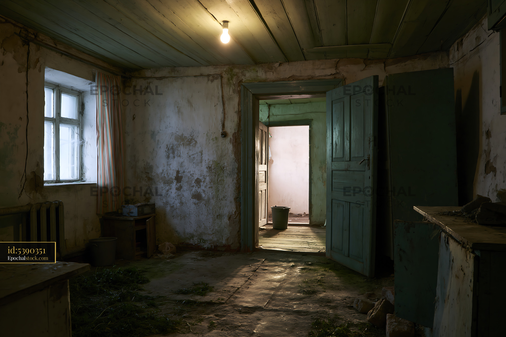 Watermarked full-resolution preview of Abandoned room with simple furnishings and light bulb