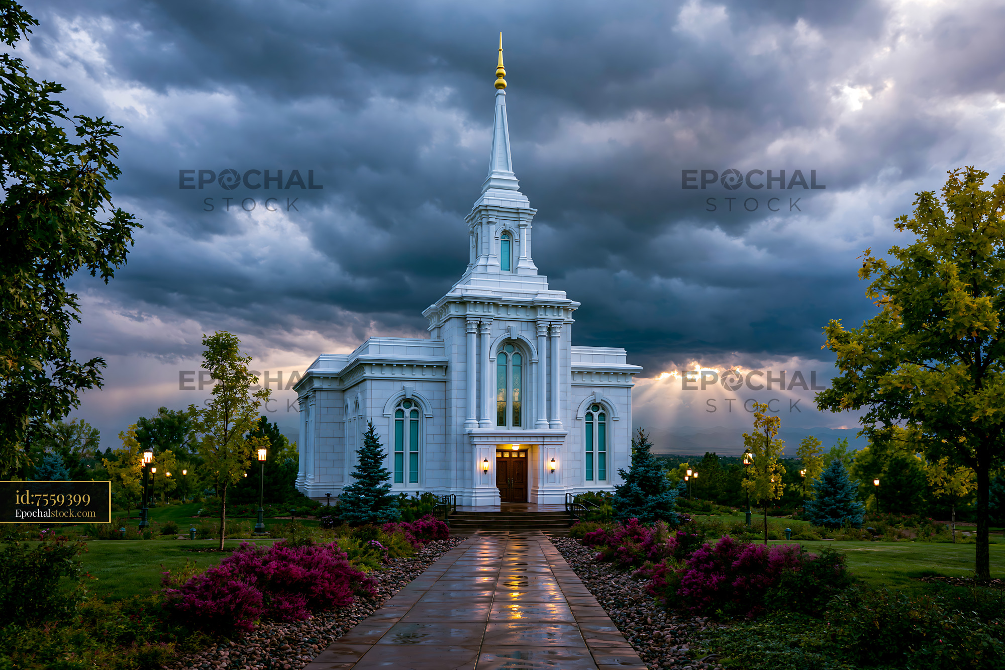 Watermarked full-resolution preview of White temple framed by gardens and dramatic storm clouds