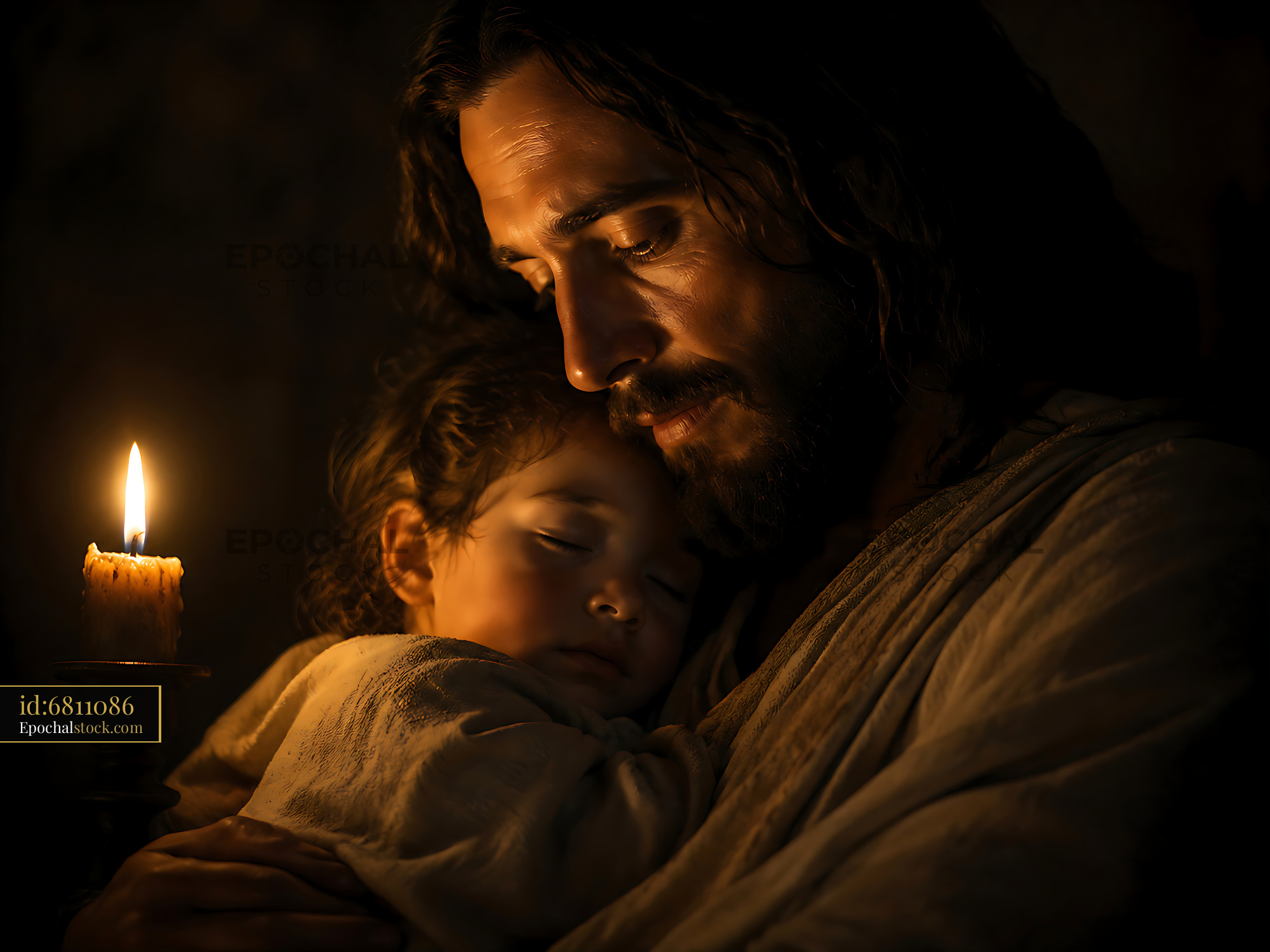 Watermarked full-resolution preview of Father and child in warm candlelight embrace