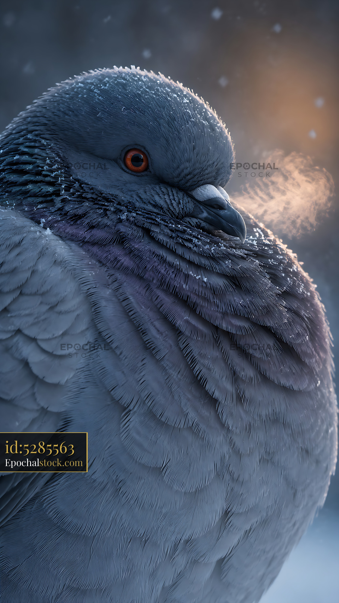 Watermarked full-resolution preview of Winter pigeon with frozen feathers and visible breath
