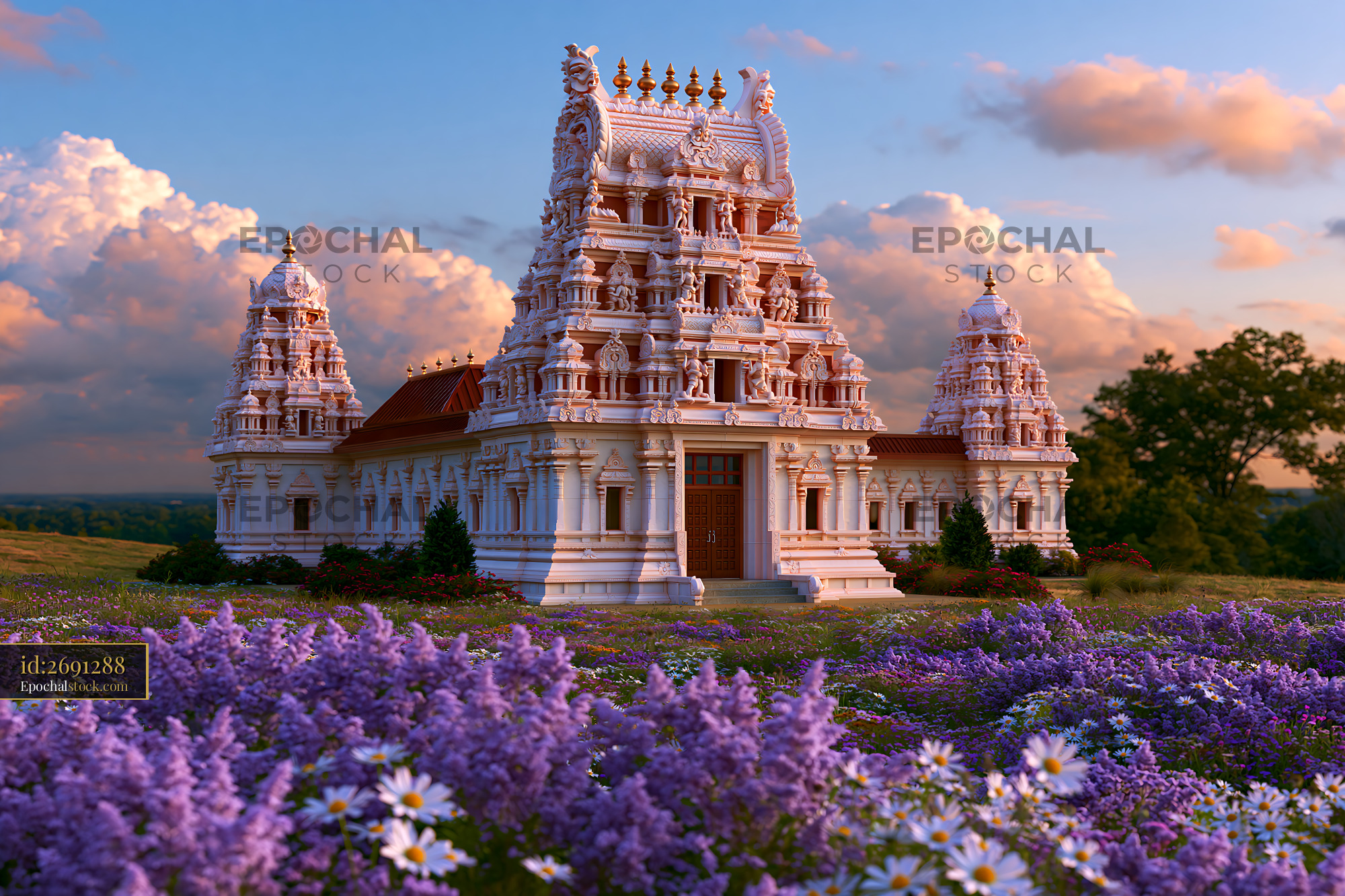 Watermarked full-resolution preview of Beautiful temple surrounded by flowers and trees at sunset