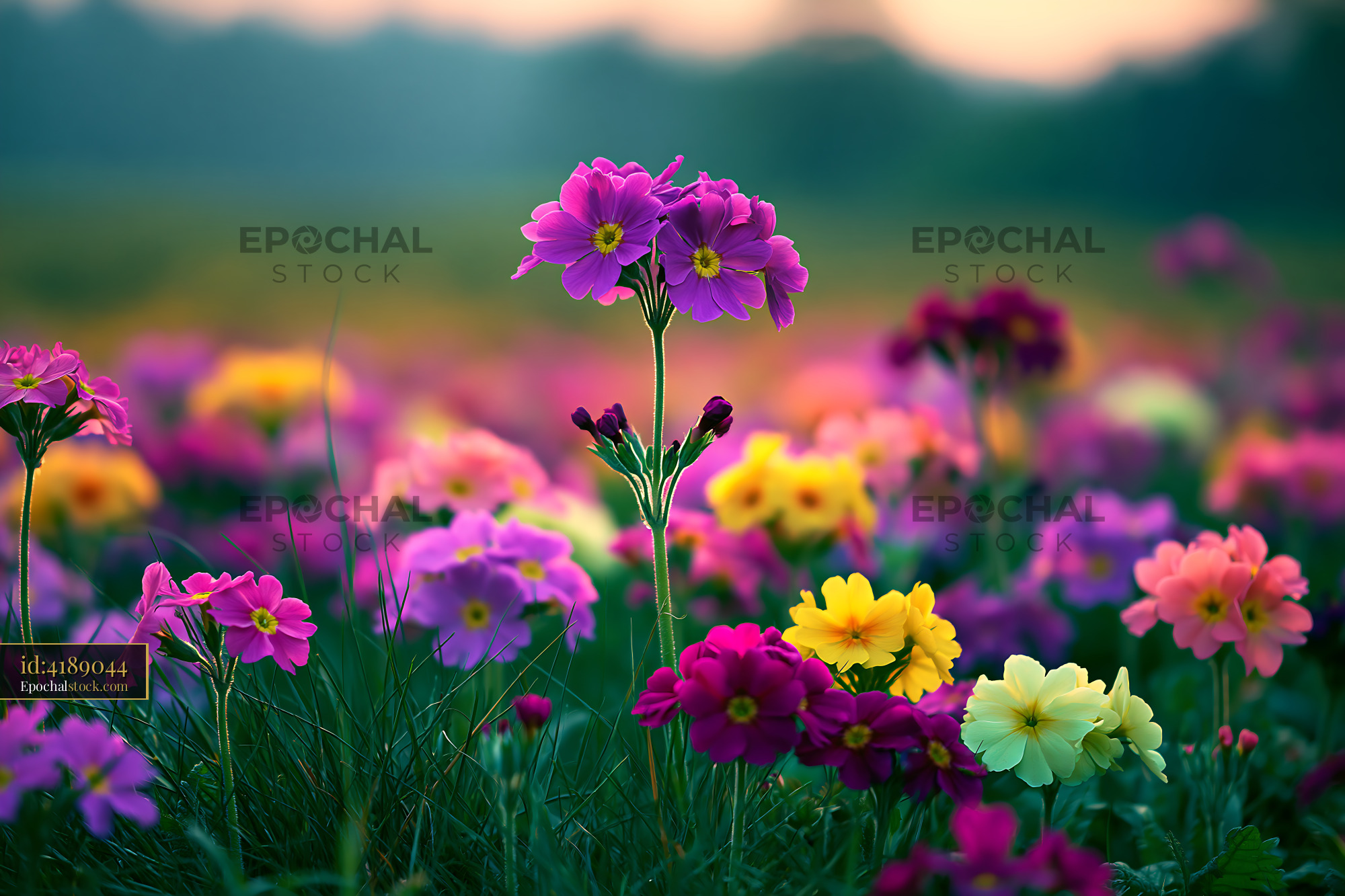 Watermarked full-resolution preview of Colorful flowers bloom in a field during sunset