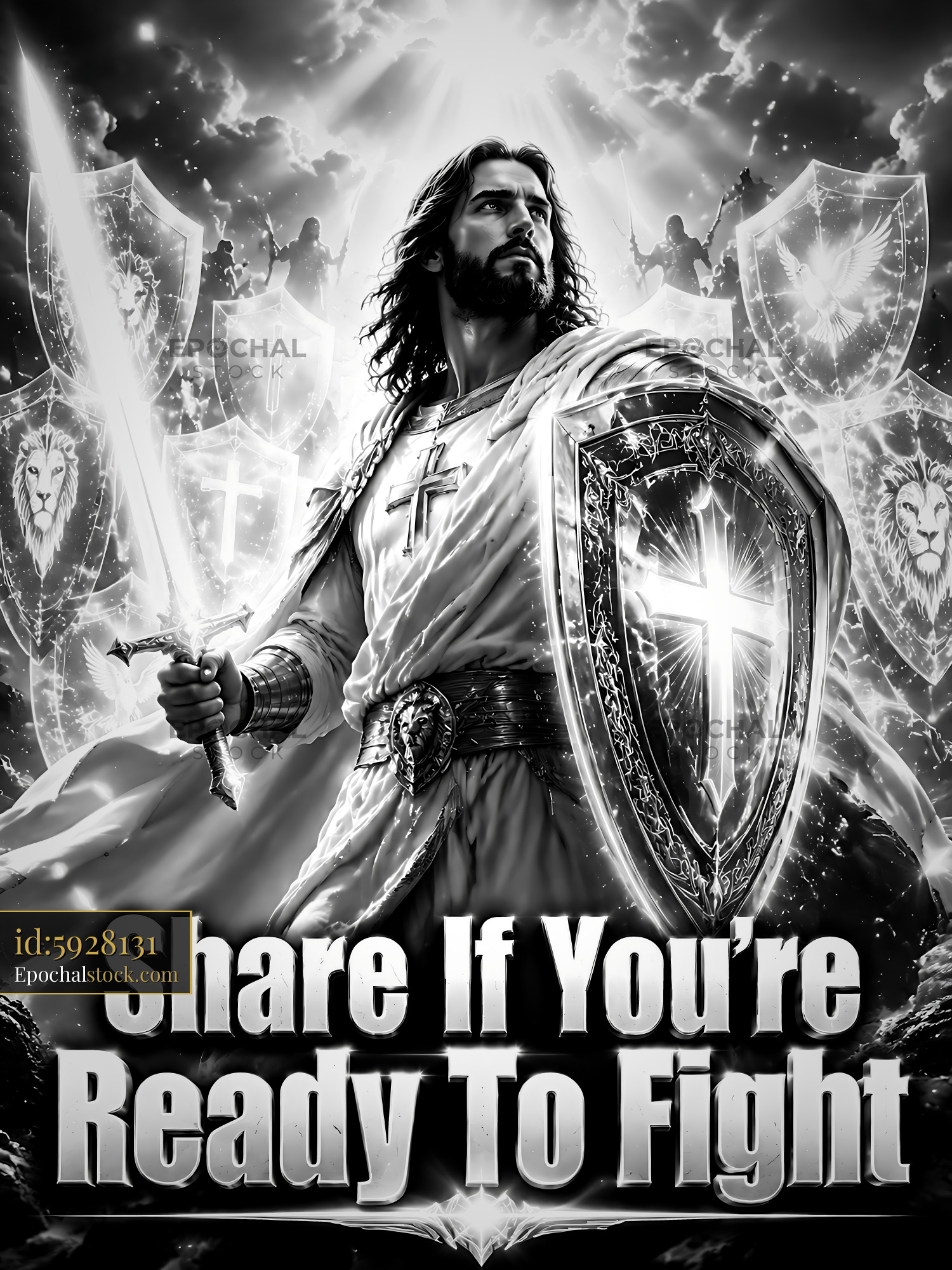 Watermarked full-resolution preview of Warrior with sword and shield in battle stance