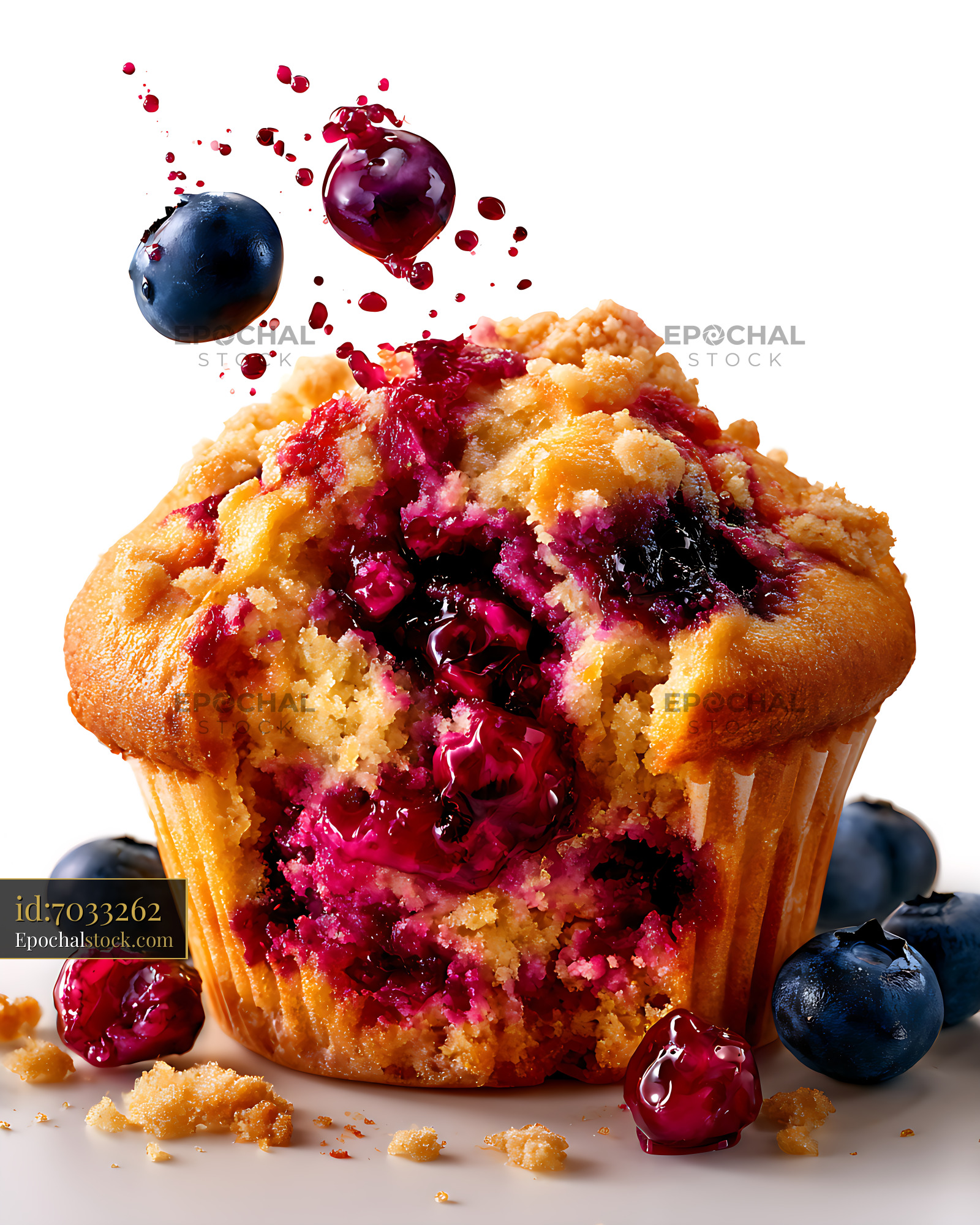 Watermarked full-resolution preview of Golden blueberry muffin with colorful berry center