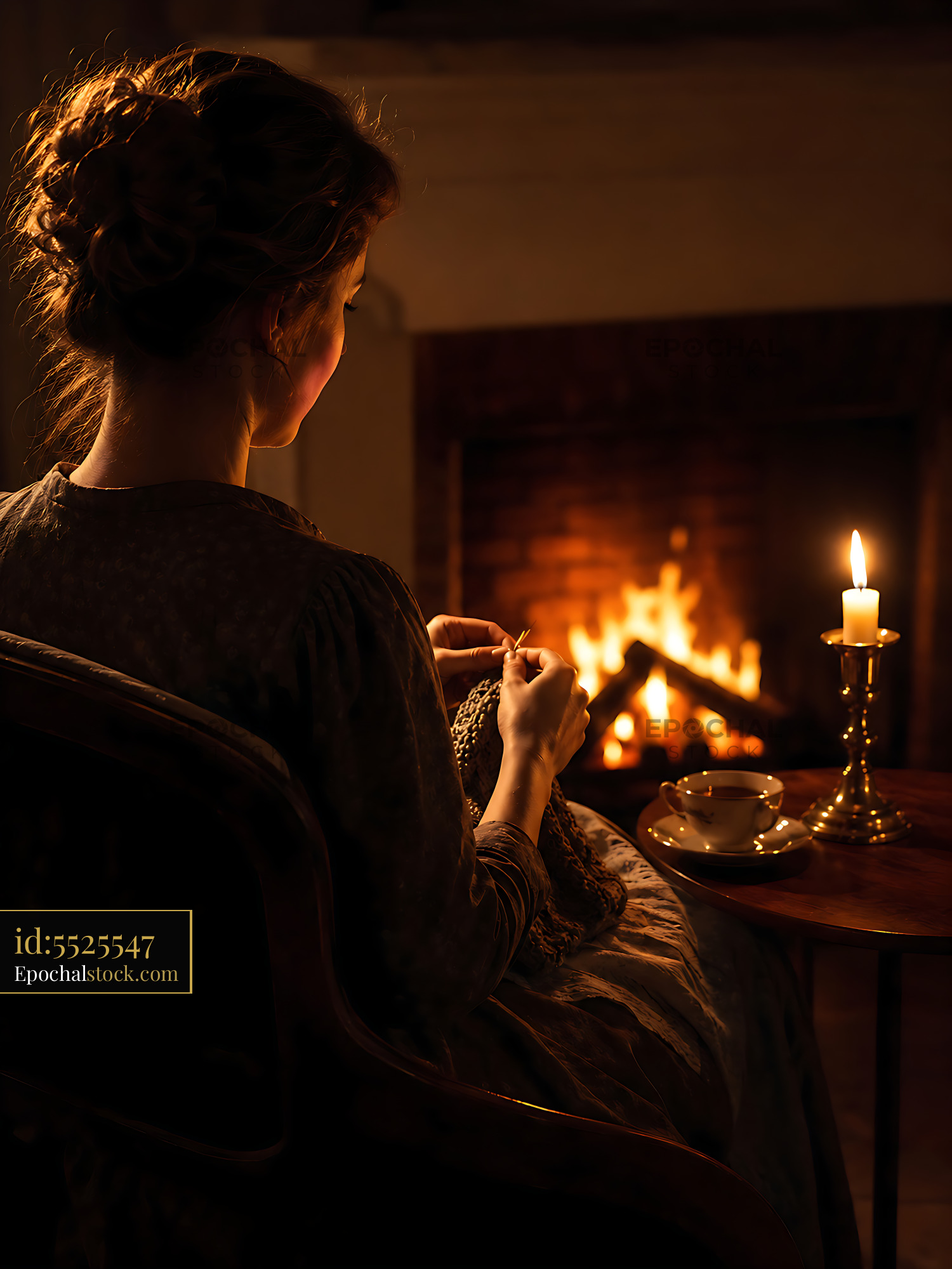 Watermarked full-resolution preview of Knitting by candlelight in a cozy setting