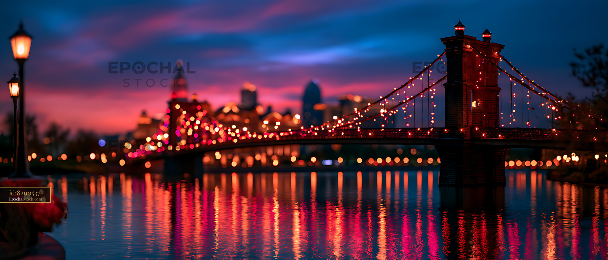 Watermarked full-resolution preview of Glowing suspension bridge and city reflections at twilight