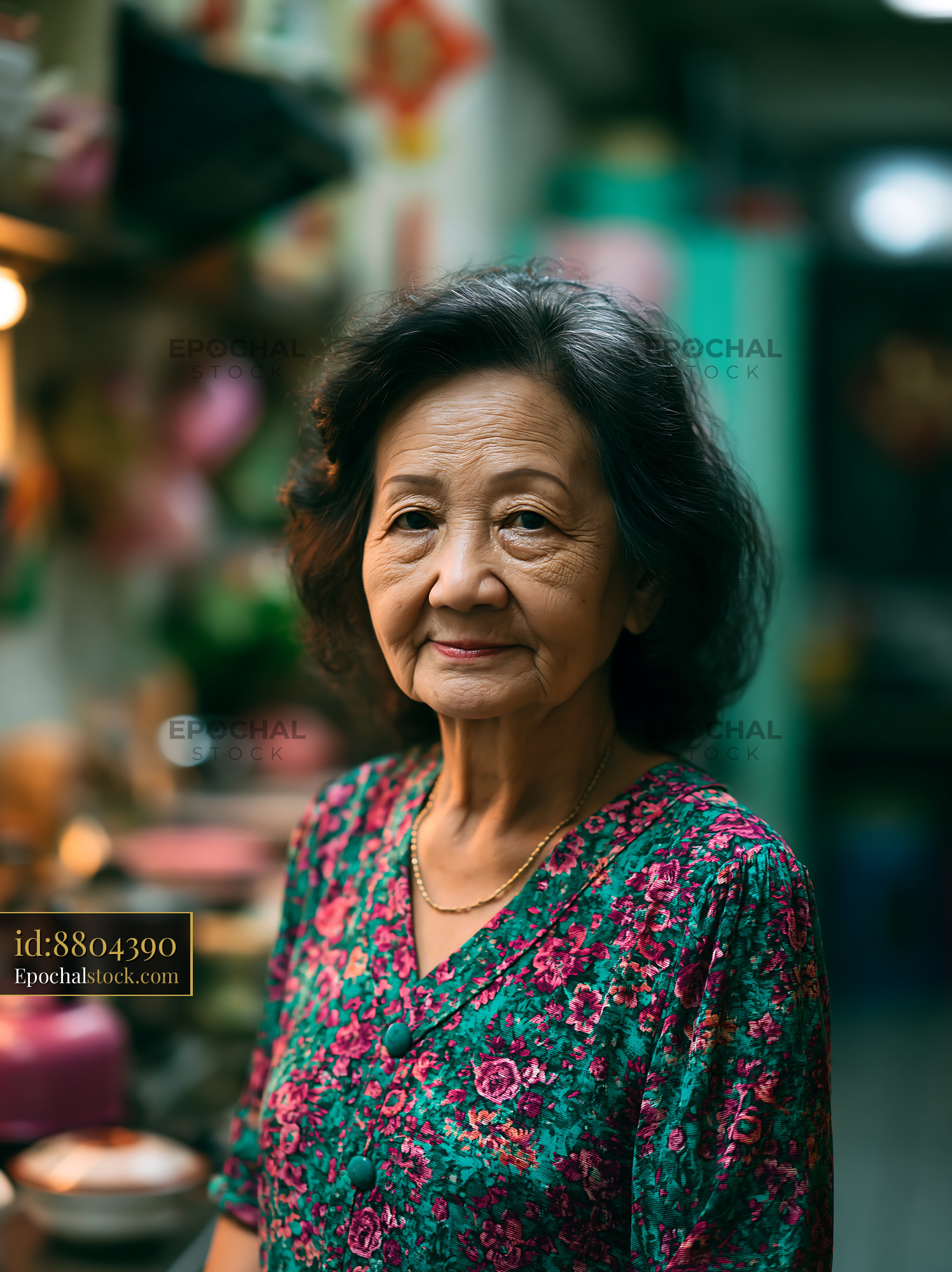 Elderly Woman Smiles in Colorful Traditional Clothing Indoors - stock photo