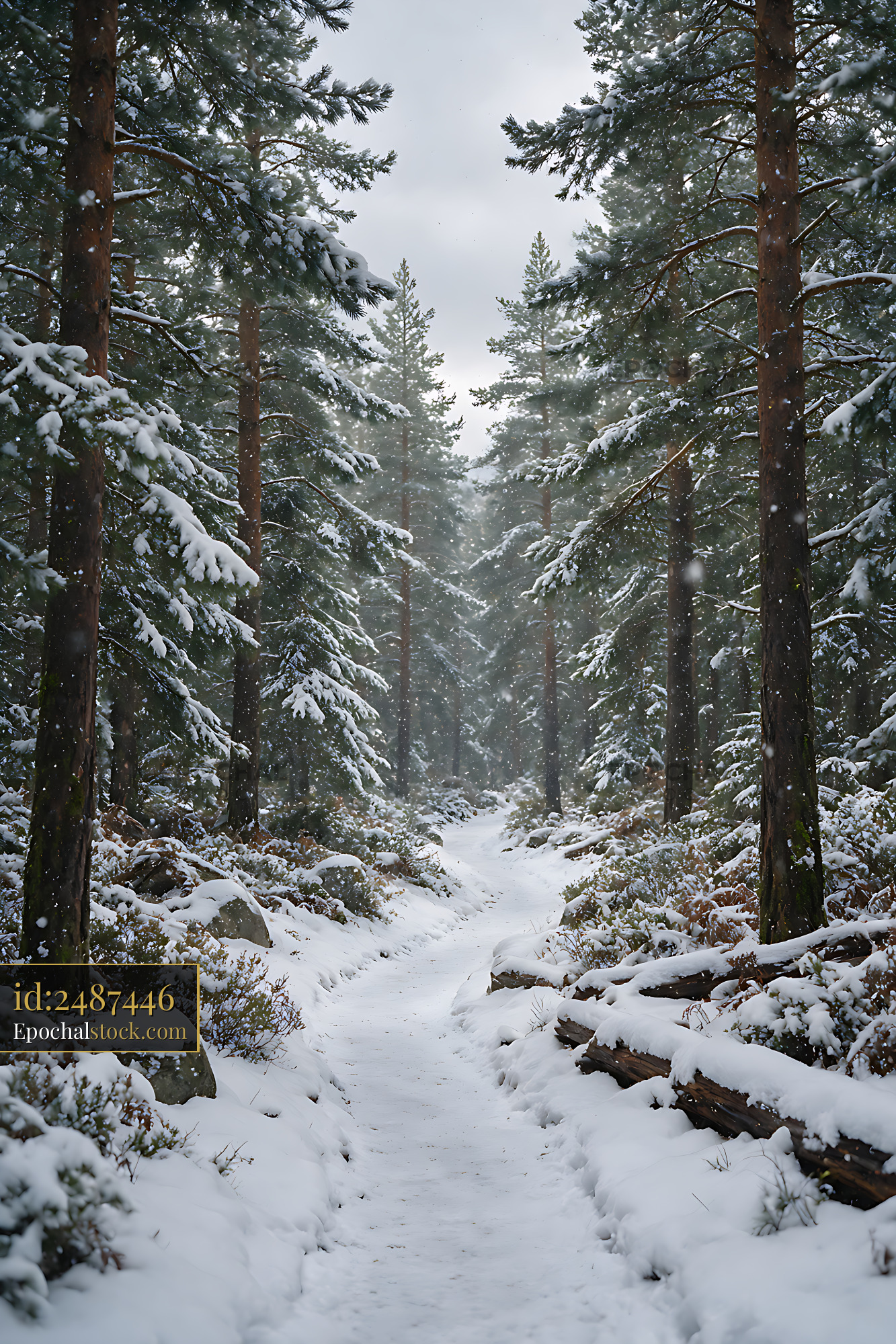 Watermarked full-resolution preview of Winter trail through snowy pine trees