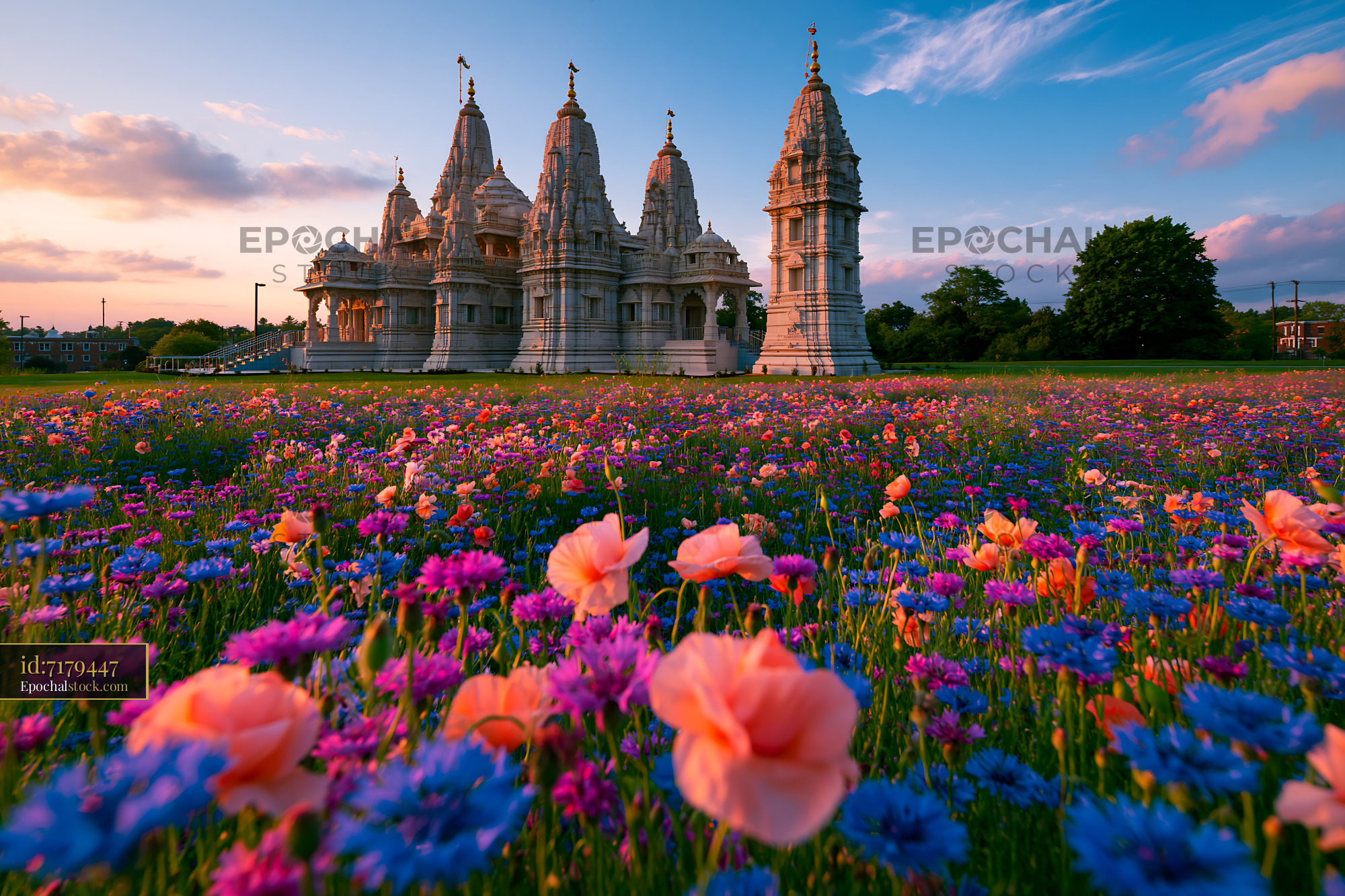 Watermarked full-resolution preview of Temple surrounded by colorful flowers at sunset