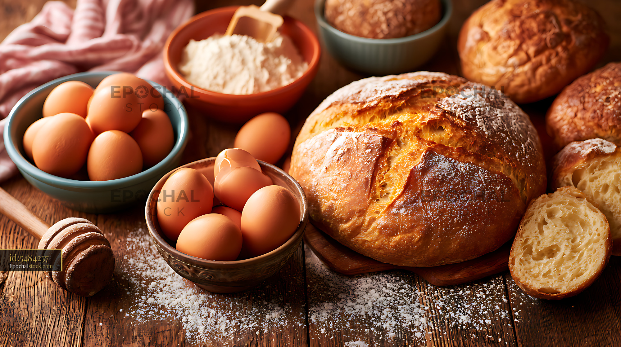 Watermarked full-resolution preview of Rustic baking ingredients and fresh bread arranged on a wooden table